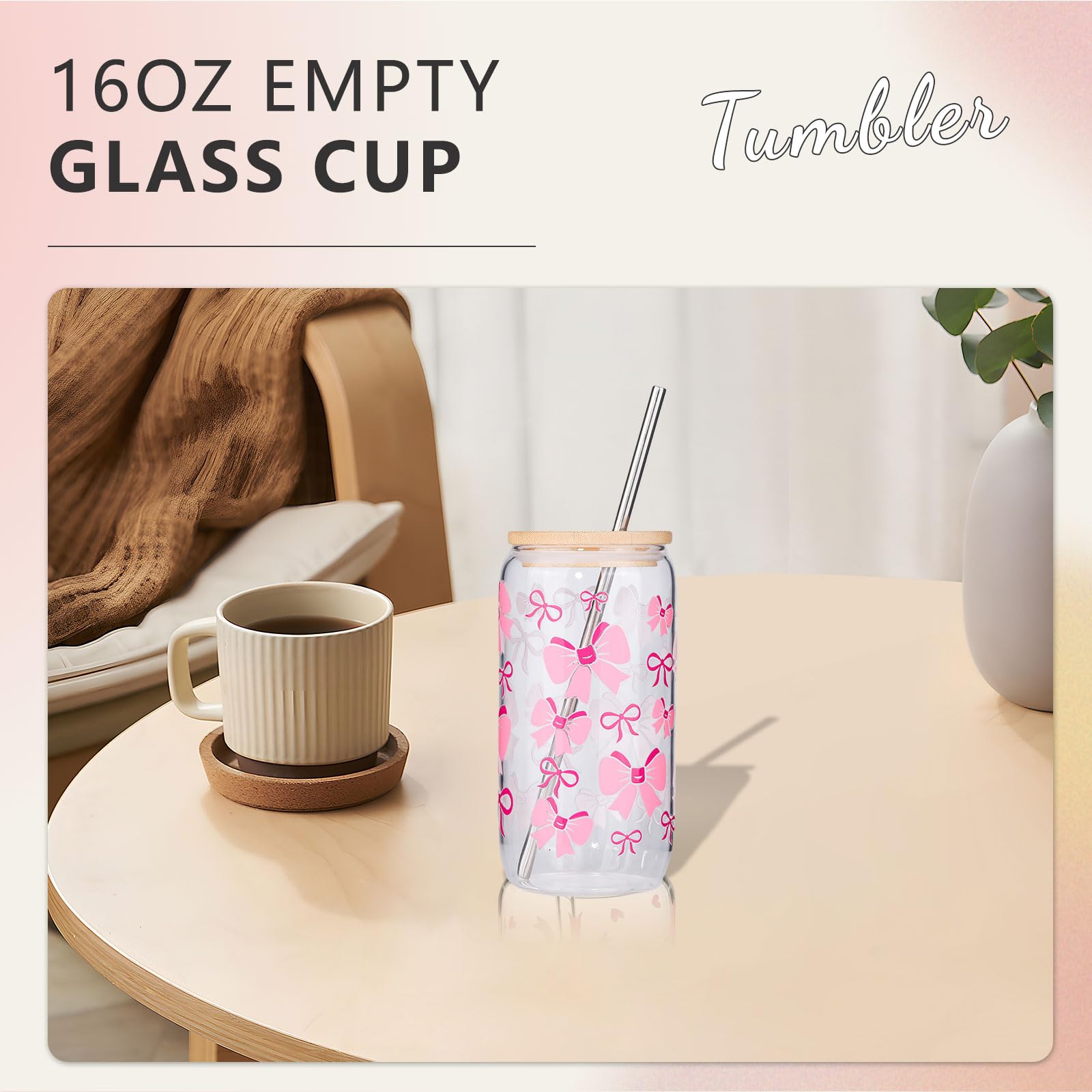 Glass Becher Mit Deckel - Eleganter Bow Design Drinkbecher 16 Oz