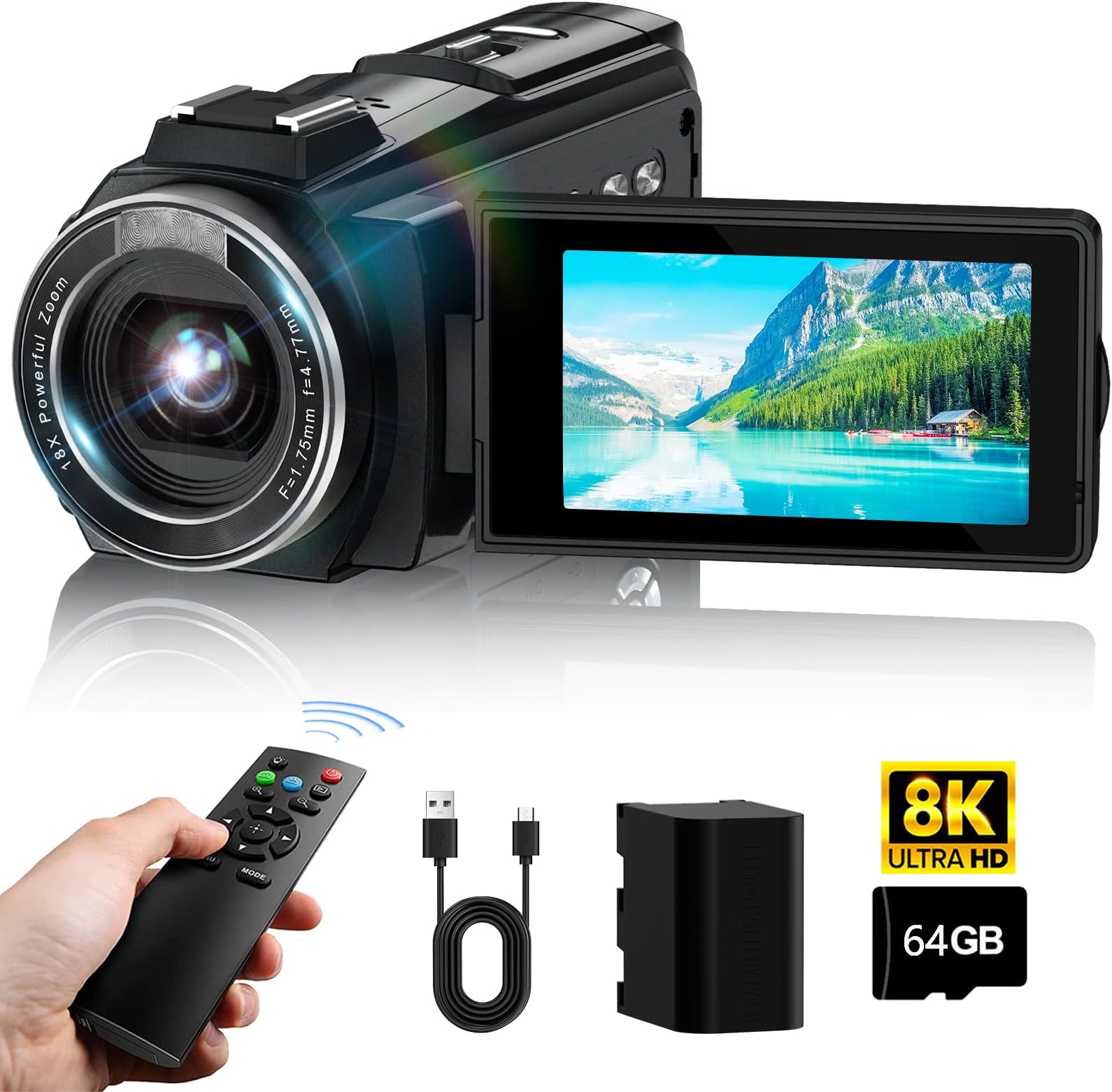 VETEK 8K Video Camcorder, 64MP IR Night Vision Vlogging Camera, 18" x 3" Zoom, LCD Touch Screen with Cover for YouTube with WiFi, 64G SD Card, Remote Control,
