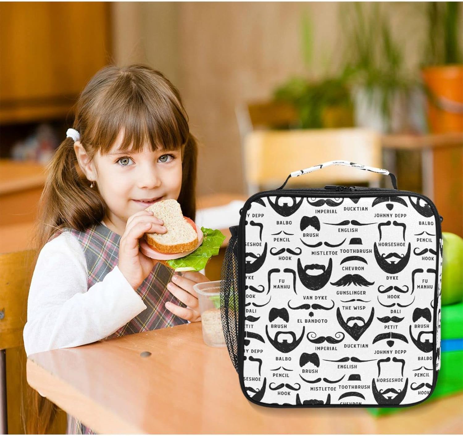 ZZXXB Mustache Print Insulated Lunch Bag Box Reusable Thermal Cooler Bag Tote Outdoor Travel Picnic Bag with Shoulder Strap for Students Adults