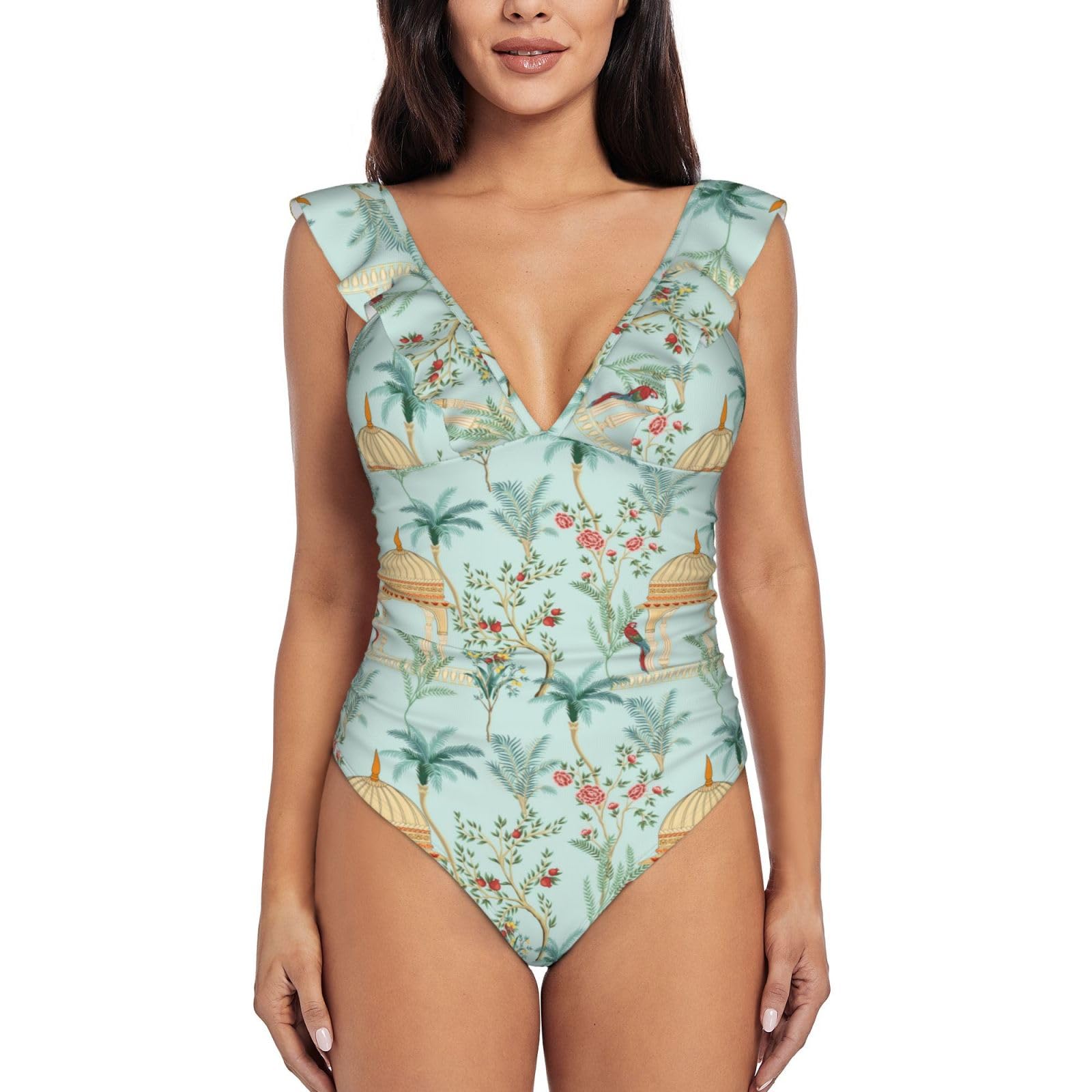 Cute Parrot Flower Letters Women's Ruffle Swimsuits One-Piece Swimwear Bikini Bathing Suits