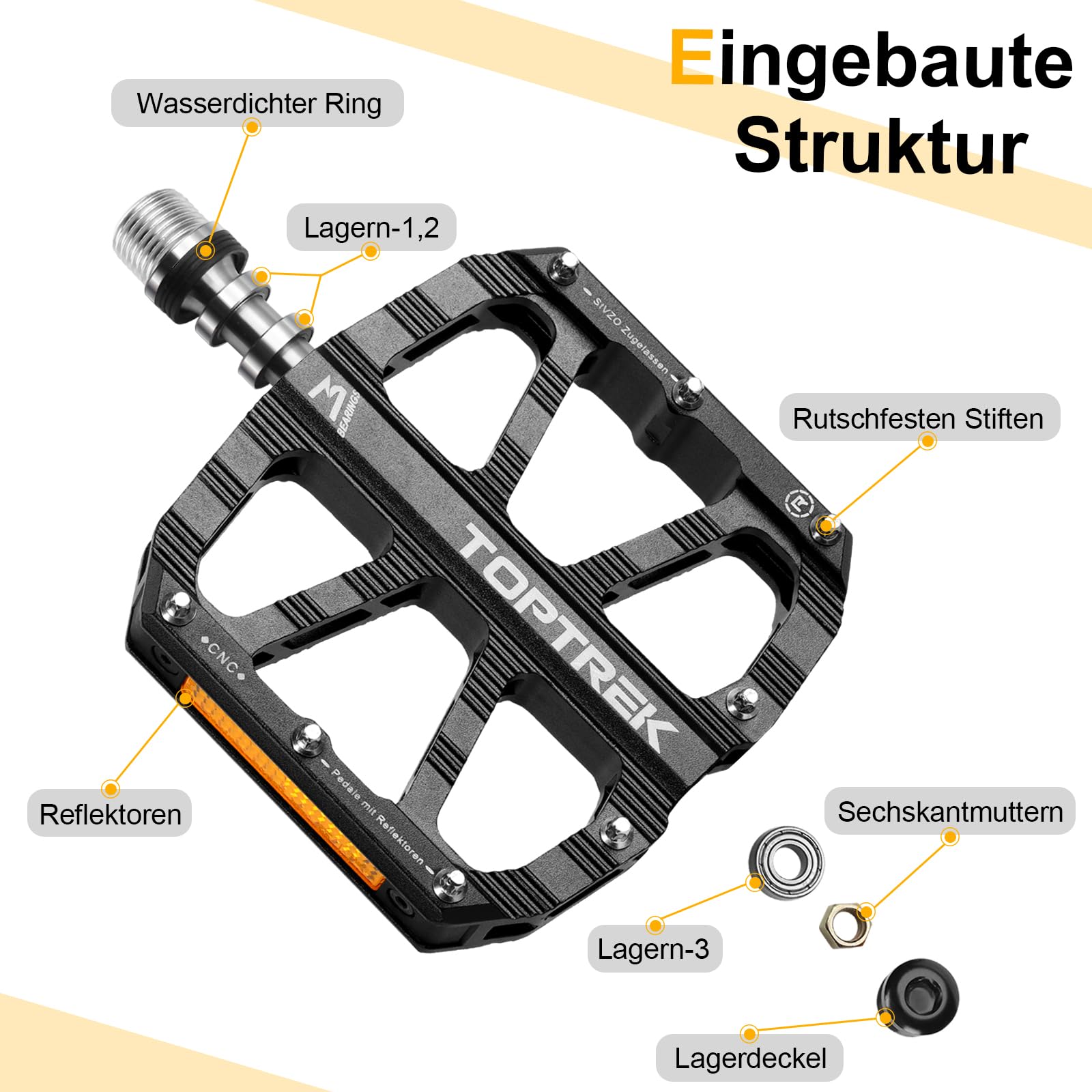 toptrek Fahrradpedale mit StVZO Zugelassen Reflektoren, CNC Aluminium Pedale Fahrrad MTB Pedale rutschfest mit 3 Abgedichtete Lager für Mountainbike, BMX, E-Bike, Rennrad