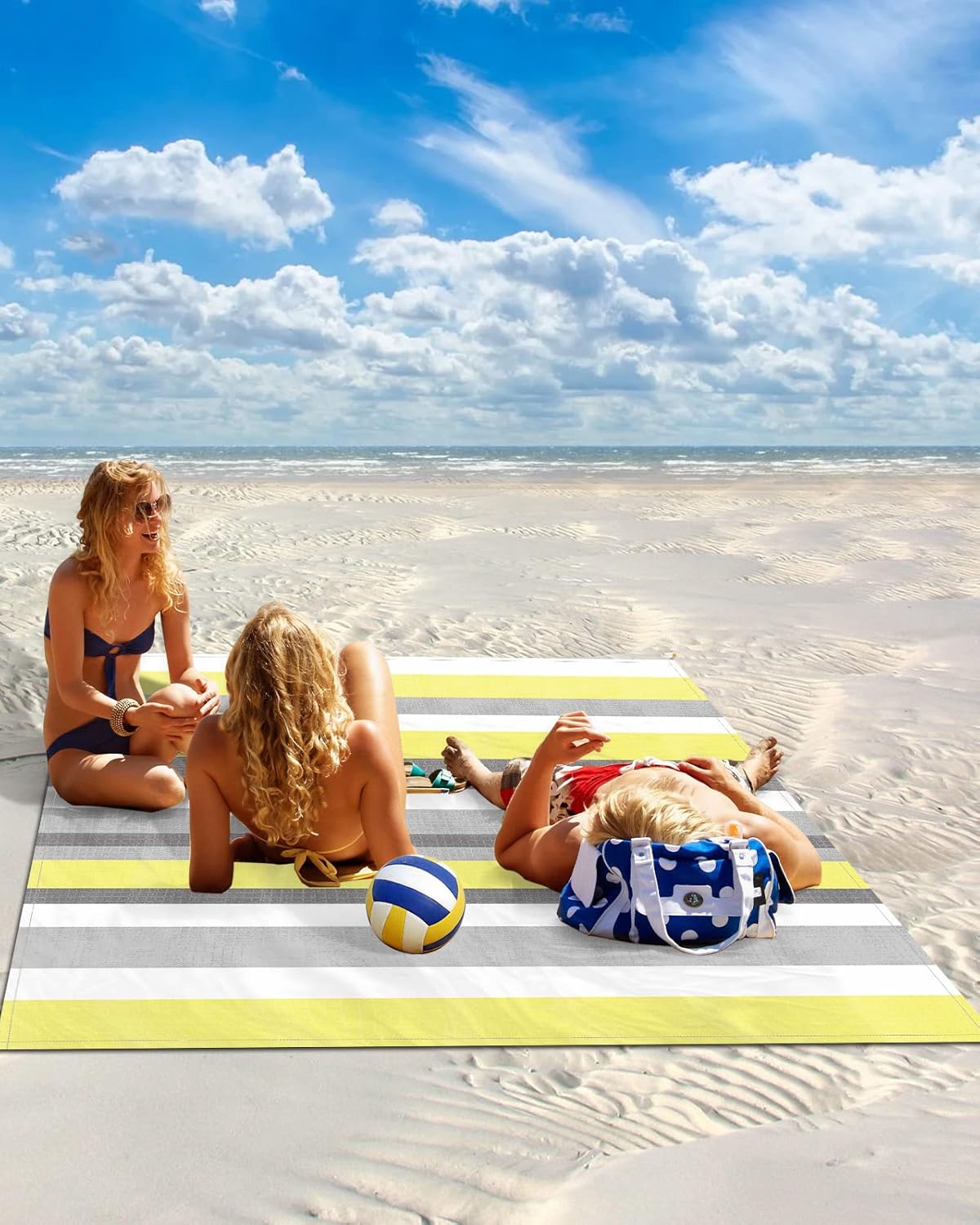 Multicolor Horizontal Striped Beach Blanket Waterproof Sandproof Outdoor Picnic Mat 118"x108" Yellow Grey White Lightweight Large Beaach Blankets with 4 Stake & 4 Corner Pockets