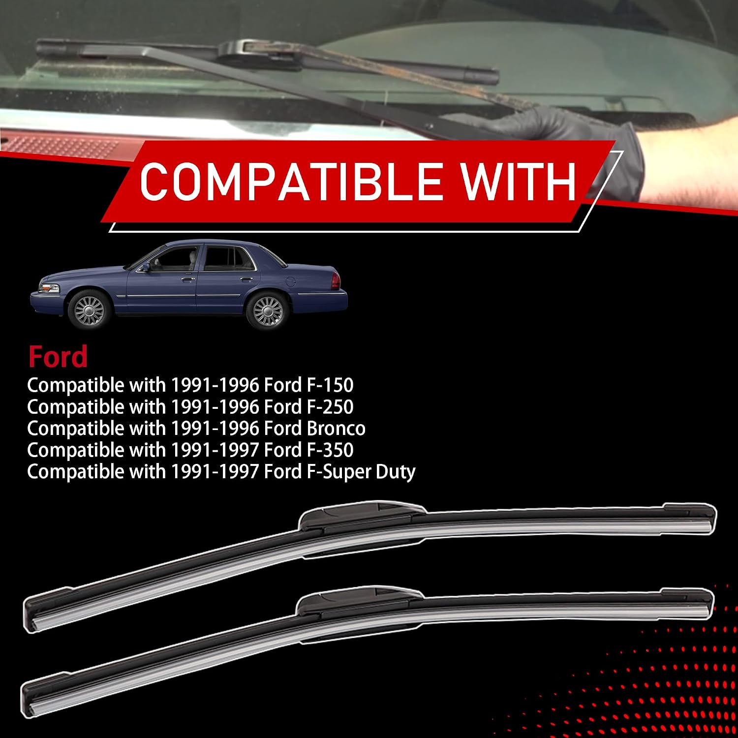 F1TZ-17526-AA 1 Pair Front Windshield Wiper Arm And Blade Set Compatible With 1991-1996 Ford F-150 F-250 Bronco 1991-1997 F-350 F-Super Duty Replaces F4TZ-17526-A F1TZ17526AA F4TZ17526A