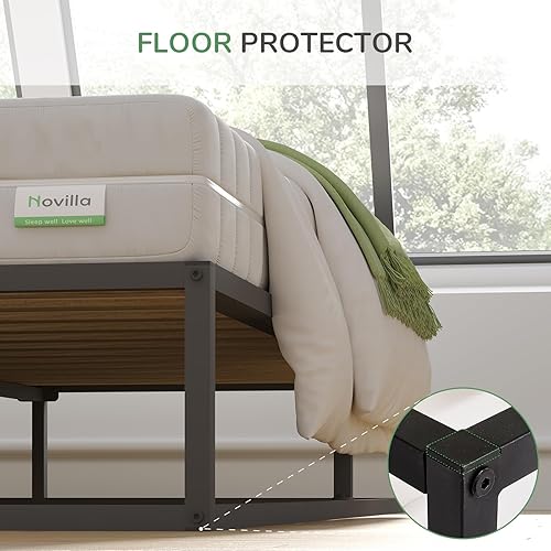 Miniatura 5 de Novilla Marco de cama de plataforma de metal, soporte de listones de madera, no necesita somier, fácil montaje, negro, tamaño individual