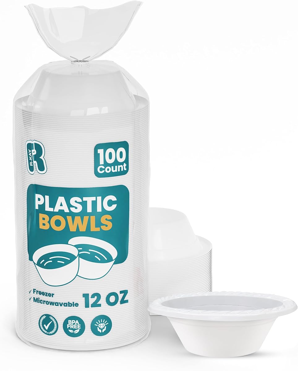 R-kay Plastic Bowls - 100 Count Microwavable Disposable Bowls - Strong Heavy Duty And Sturdy White Plastic Bowls Disposable (12 OZ, 100)