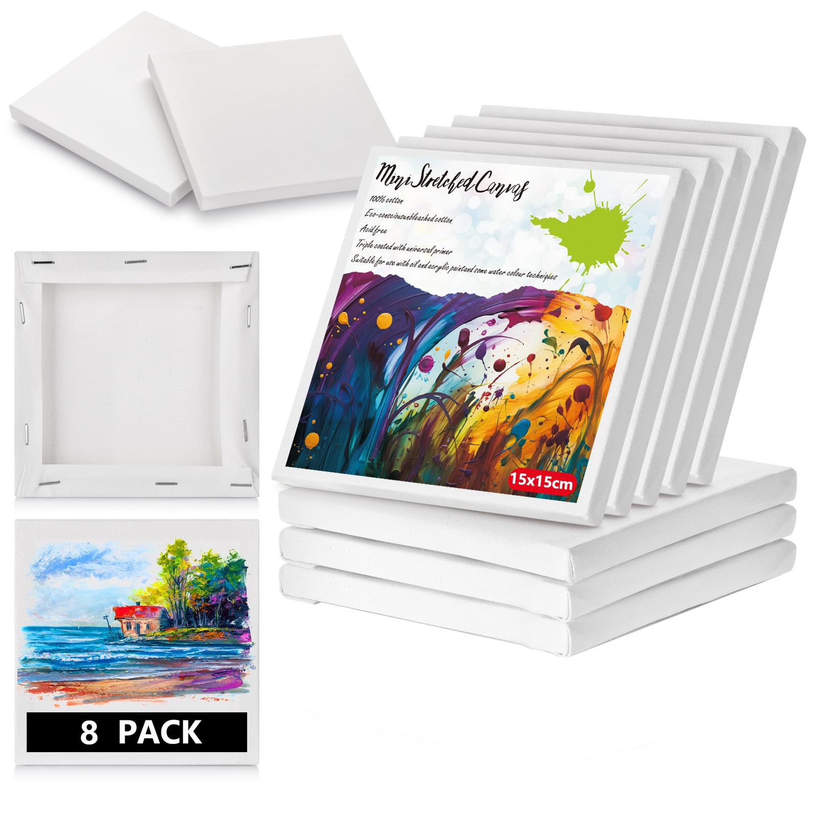HBSTUDIO Mini Canvases for Painting,8PCS 15 x 15cm Bulk Profile Small Square Canvases,100% Cotton Mini Stretch Canvas for Children's Painting Art Supplies, School Home Decorating Projects
