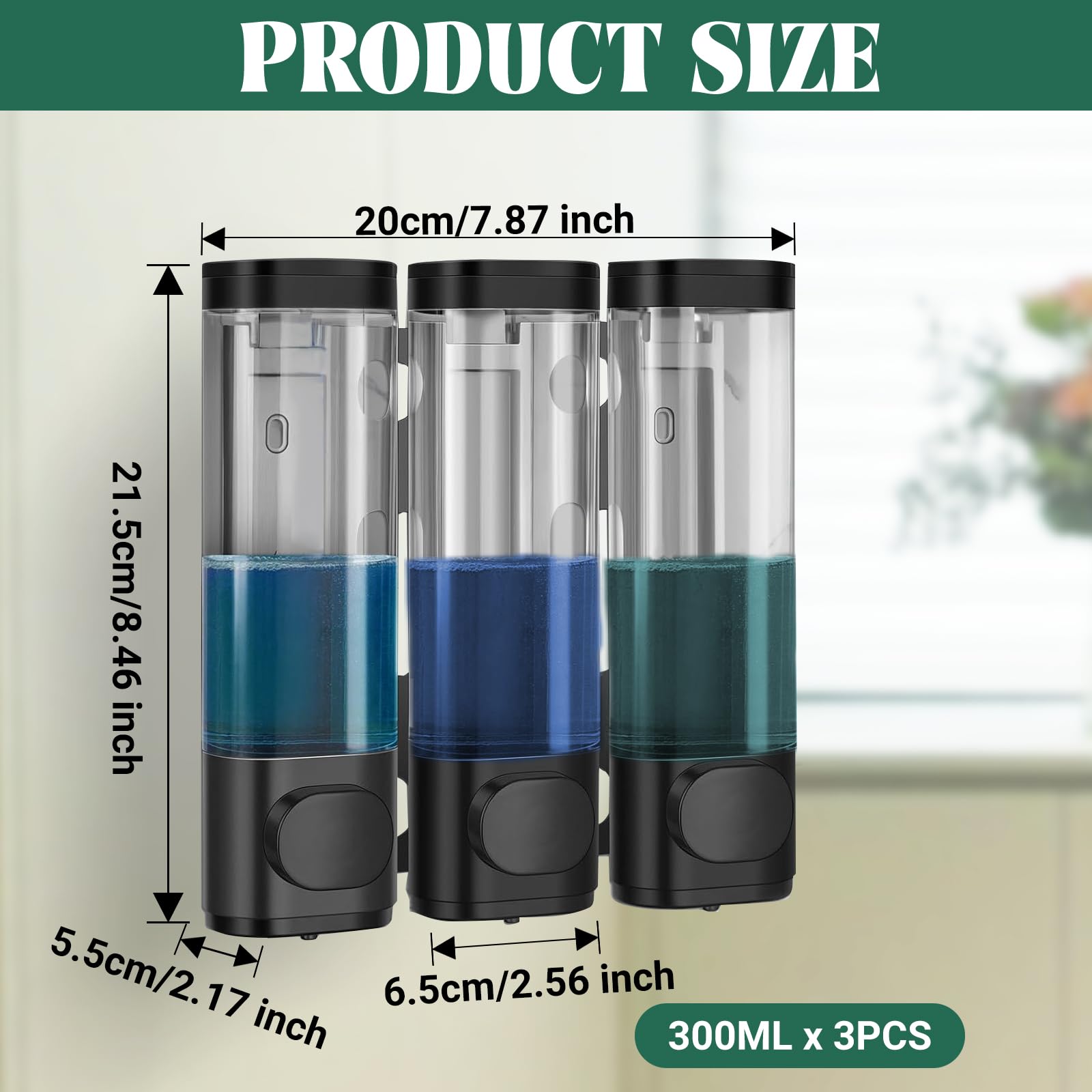 Ścienny dozownik mydła - 3 x 300 ml dozownik mydła w płynie do mocowania na ścianie, czarna odporność na korozję dozownik naklejki ścienne do domu, hotelu, łazienki, prysznica