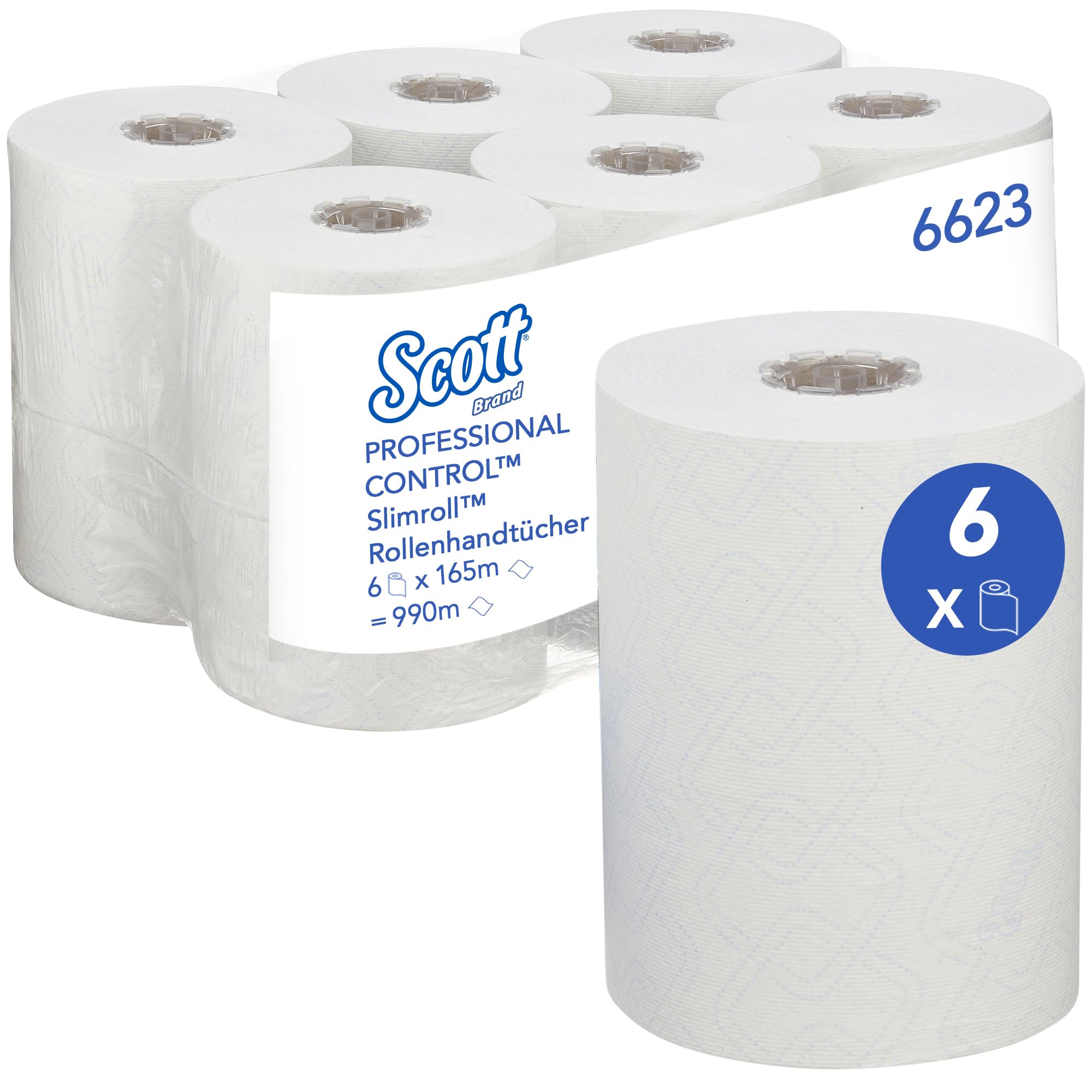 Scott® Control™ Slimroll™ Rollenhandtücher, 1-lagige weiße Einweg-Handtücher, mit Airflex Technologie und EU Ecolabel Zertifizierung, 6 Papiertuchrollen x 165 m (insg. 990 m), Artikel-Nr. 6623