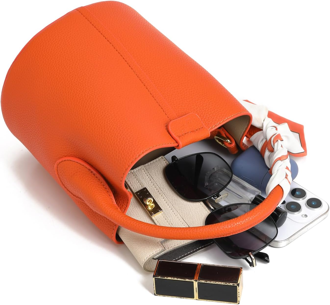 Women's small crossbody bag made of synthetic leather, mini bucket style shoulder bag with scarf, detachable shoulder strap - Image 8