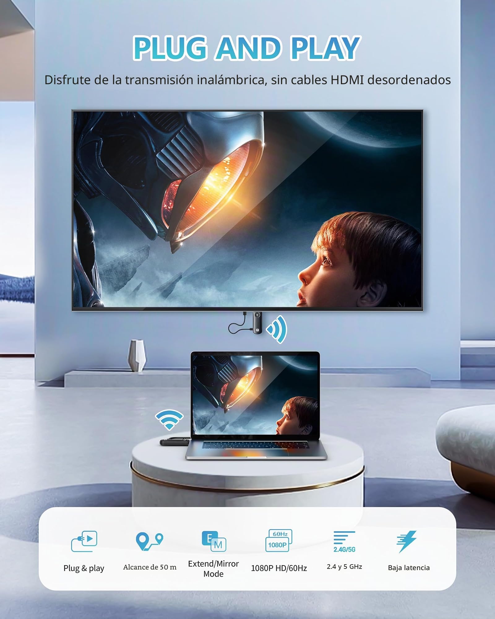 Transmisor y Receptor HDMI Inalámbrico, Decodificación 4K Salida 1080P, 5.8G Portátil Wireless HDMI Extensor para Transmitir Vídeo Audio File en PC Portátil Box a Monitor HDTV Proyector