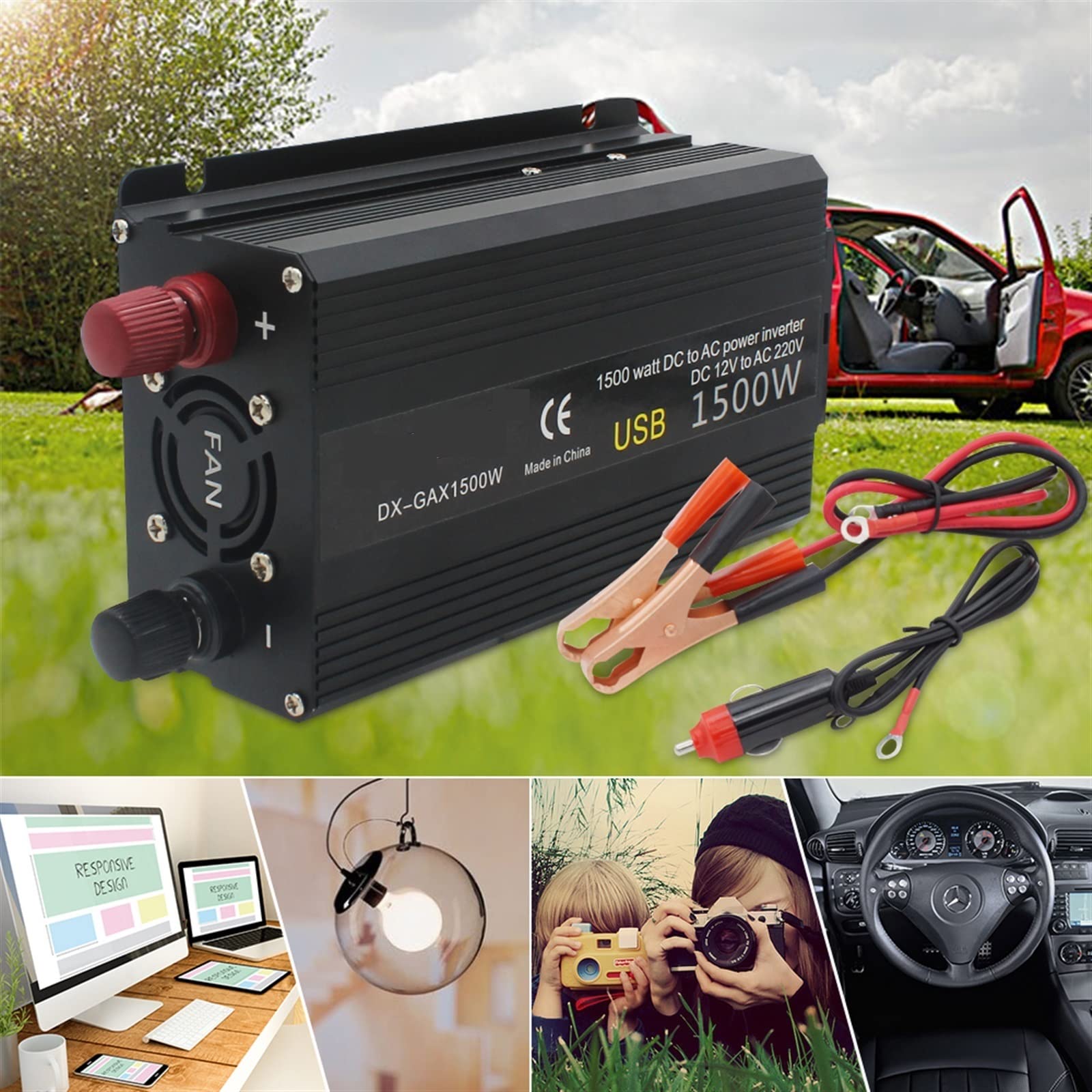 Falownik samochodowy 12 V 220 Moc 500 W / 1500 W / 2000 W Konwerter 2 USB Gniazdo UE 12 V Auto Inversor Transformator Solar(3000W)