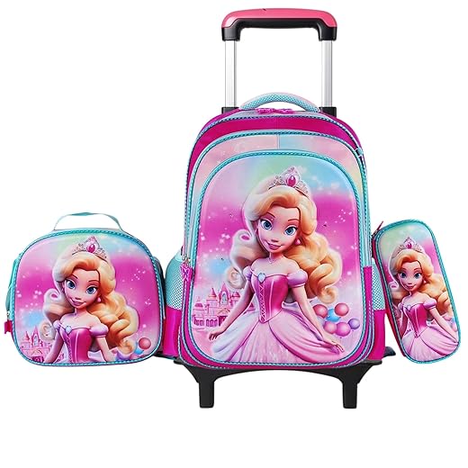 Mochila escolar de rodinhas com LED, kit 3 peças com mochila. lancheira forrada e estojo, para meninos e meninas de 6 a 12 anos (1 CINDERELA)