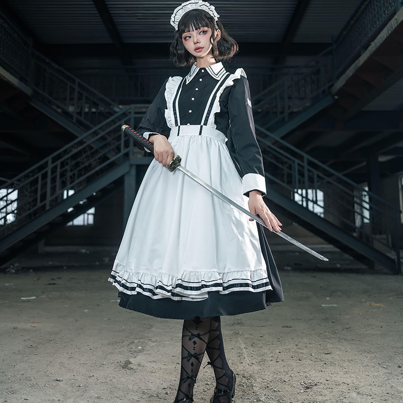 Amazon | 英国風 メイド服 ロング 黒白 ワンピース ハロウィン 