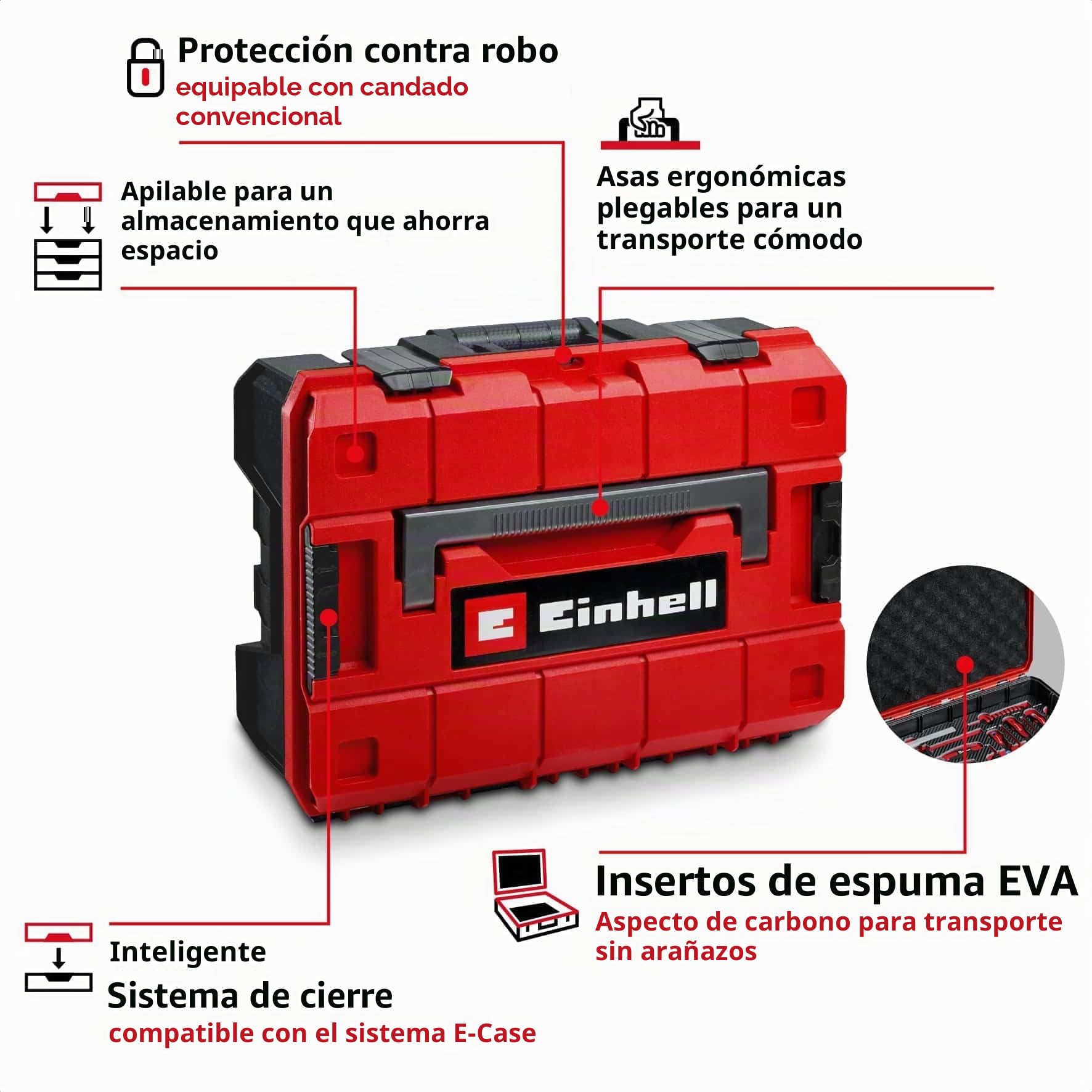 Einhell E-CASE original de 80 piezas: Juego de herramientas de en maletín de plástico apilable, ideal para hogar y taller