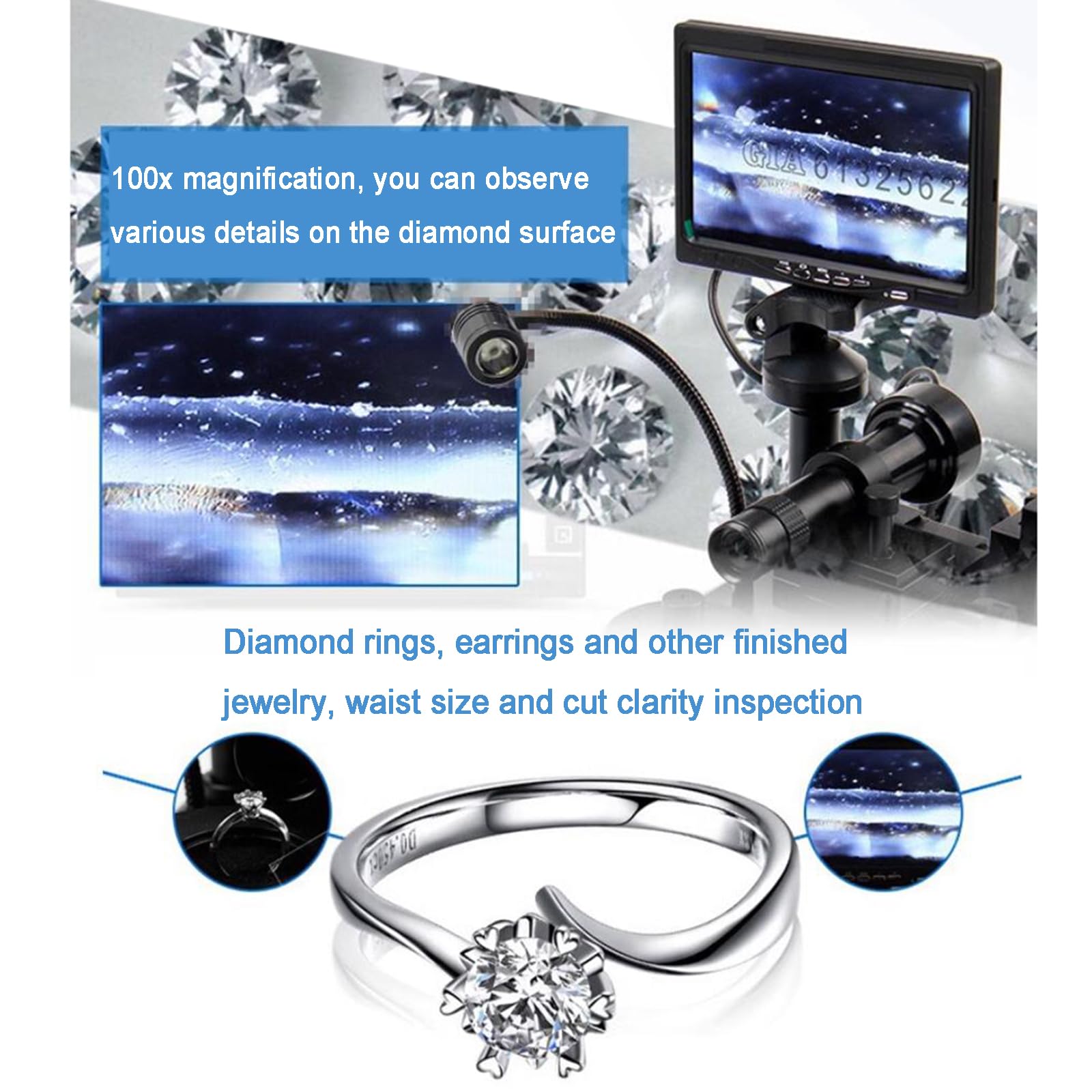 Visualizzatore a cintura diamantata, microscopio digitale da 17,8 cm con luce LED, ingrandimento 100x per un'accurata identificazione di diamanti e gioielli