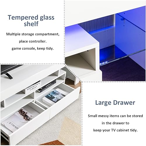 Miniatura 5 de Soporte de TV con luces LED de 16 colores, consola multimedia con cajón y estante abierto de vidrio para TV de 60/65/70 pulgadas, centro de