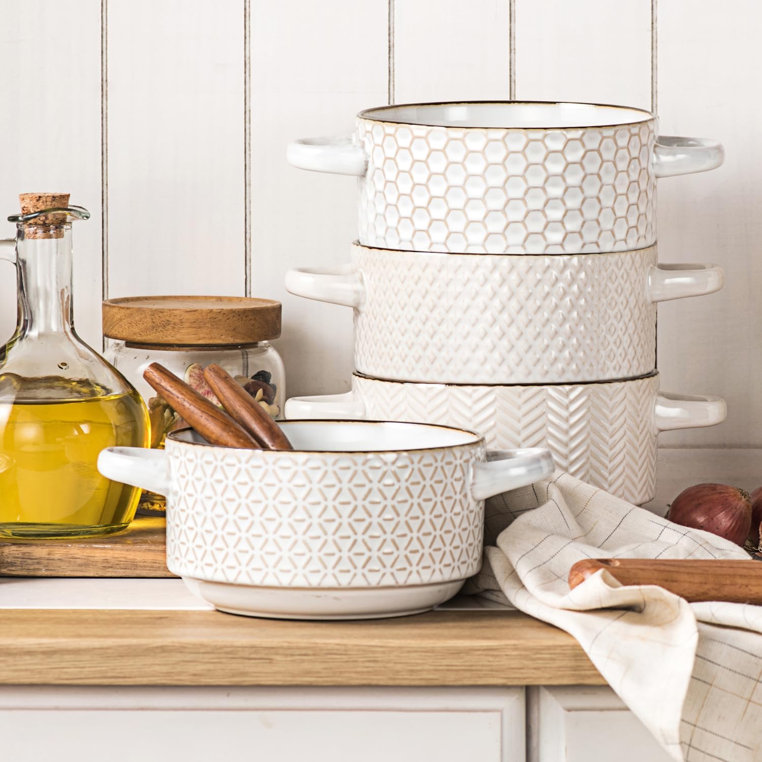 Ceramic Soup Bowls Set - 27 Oz French Onion Soup Crocks with Handles - Embossed Stoneware Bowls for Soup Cereal Beef Stew Chili - Microwave Dishwasher Oven Safe - Set of 4