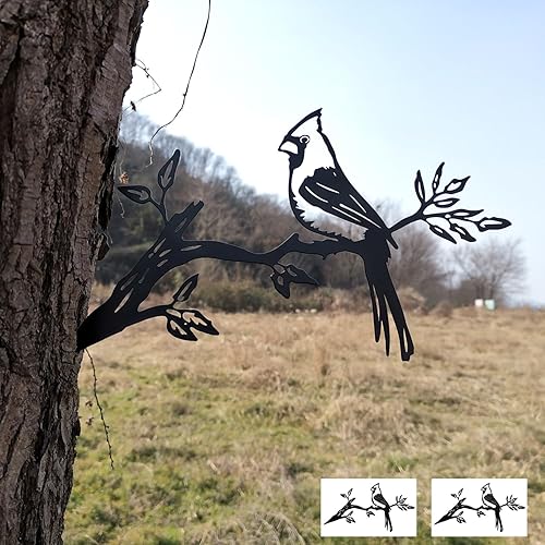 EONBES LKB1628-1N - Arte de pájaro cardenal de metal en una rama siluetas de animales de acero decoración de jardín