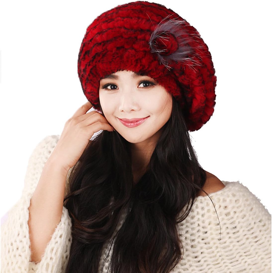 URSFUR Winter Women's Rex Rabbit Beret Hats with Flower