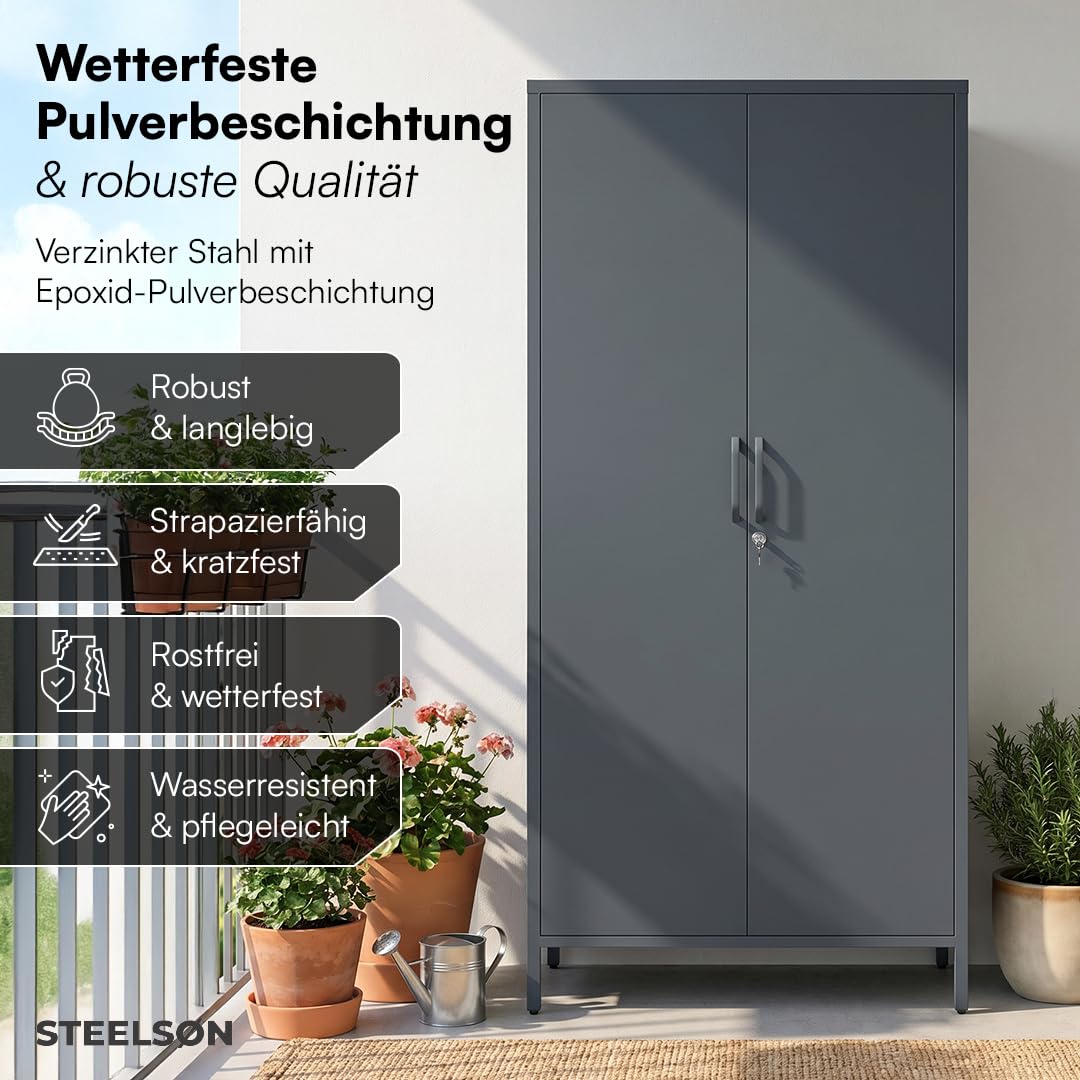 STEELSØN Menkent Outdoor Schrank aus Metall 170x80x45 cm wetterfest Doppeltür Schloss 8 verstellbare Fächer anthrazit