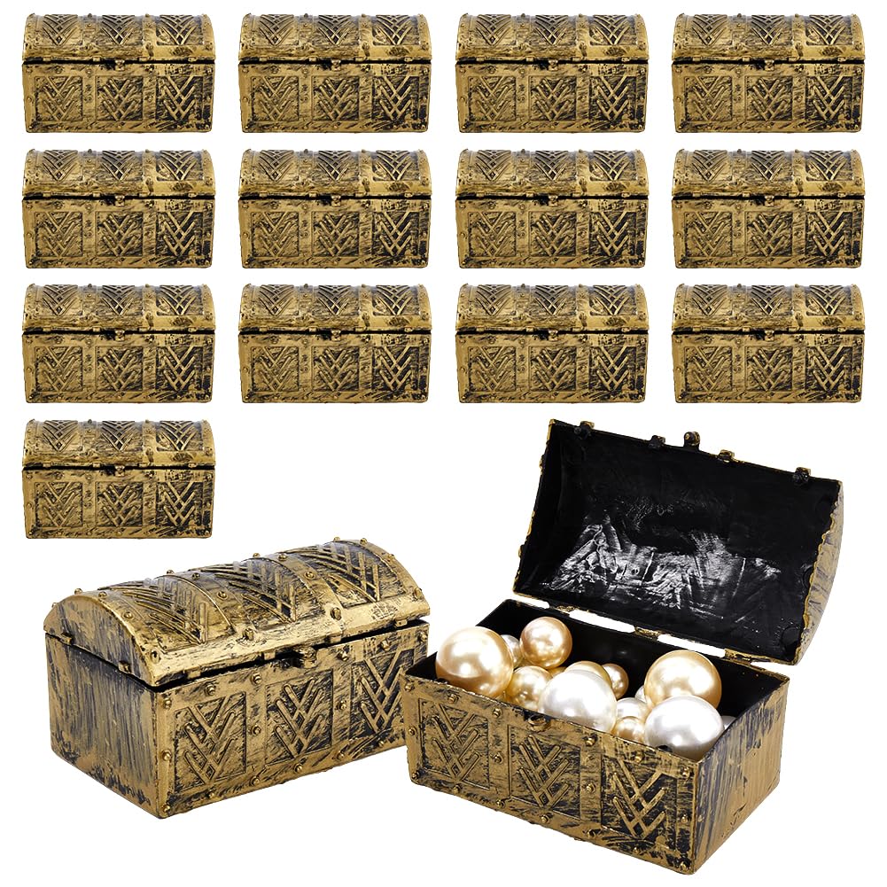WADORN 15Pcs Mini Pirate Treasure Chests Box Vintage Goldenrod Plastic Small Treasure Box 1.9x3.3x2 in Jewelry Boxes Prizes Scavenger Hunt Decorations Party Supplies for Party Favors Classroom