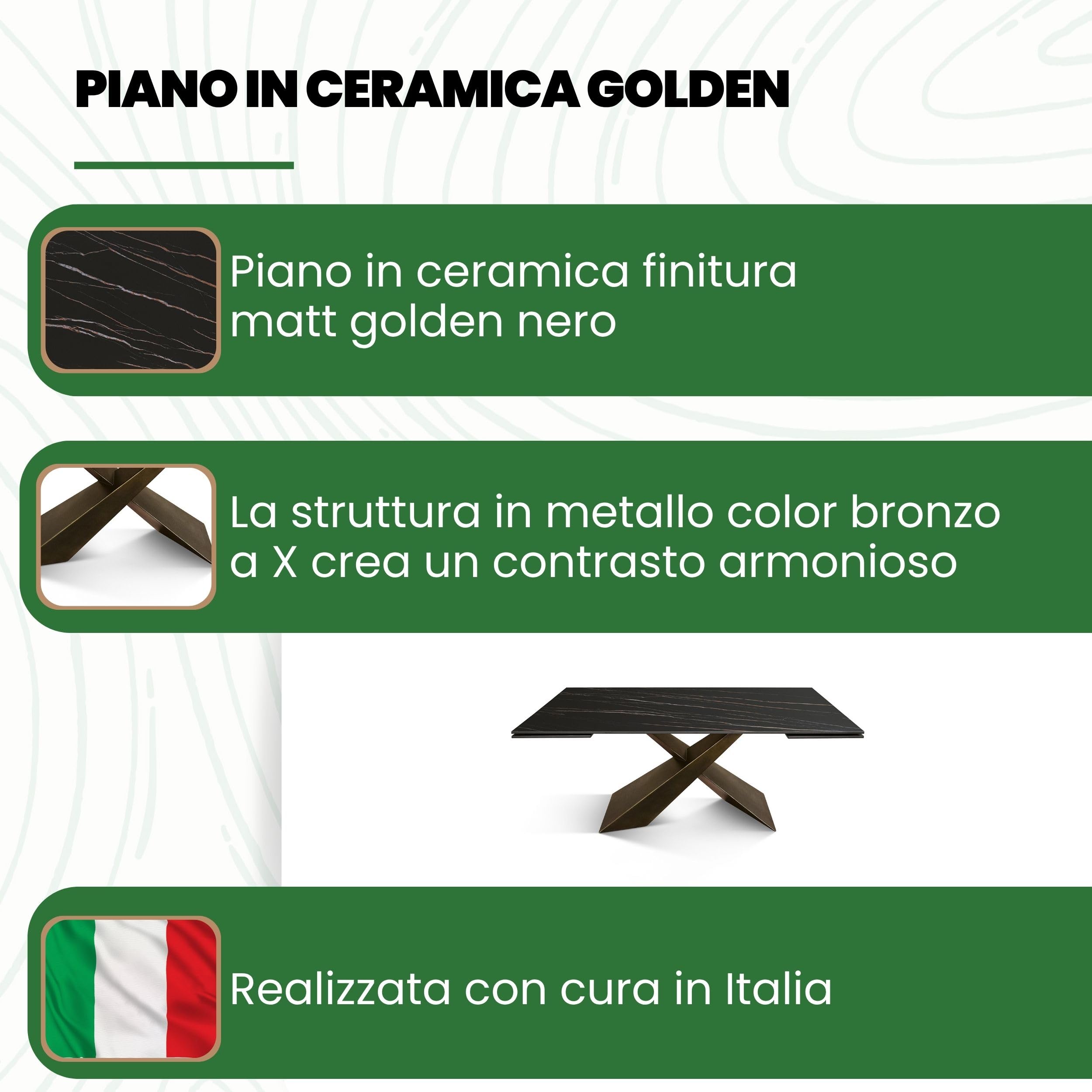 Mar.c.a. Design - Tavolo Effetto Marmo Allungabile 180/260x90x76 cm - Piano in Ceramica Golden e Gambe in Metallo Bronzo - Made in Italy