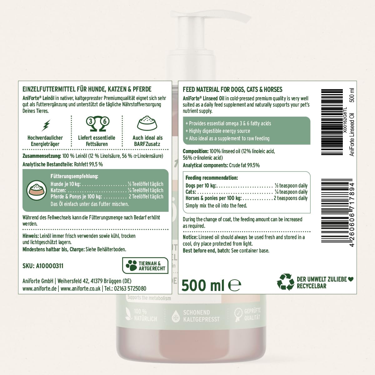 AniForte Barf-Öl Set 3 je 500ml Bio Hanfsamenöl, Lachsöl & Leinöl für Hunde & Katzen – Barf Zusatz Öle, kaltgepresst & natürlich ohne Zusätze, Barföl reich an Omega 3 & 6 Fettsäuren, Futter Zusatz