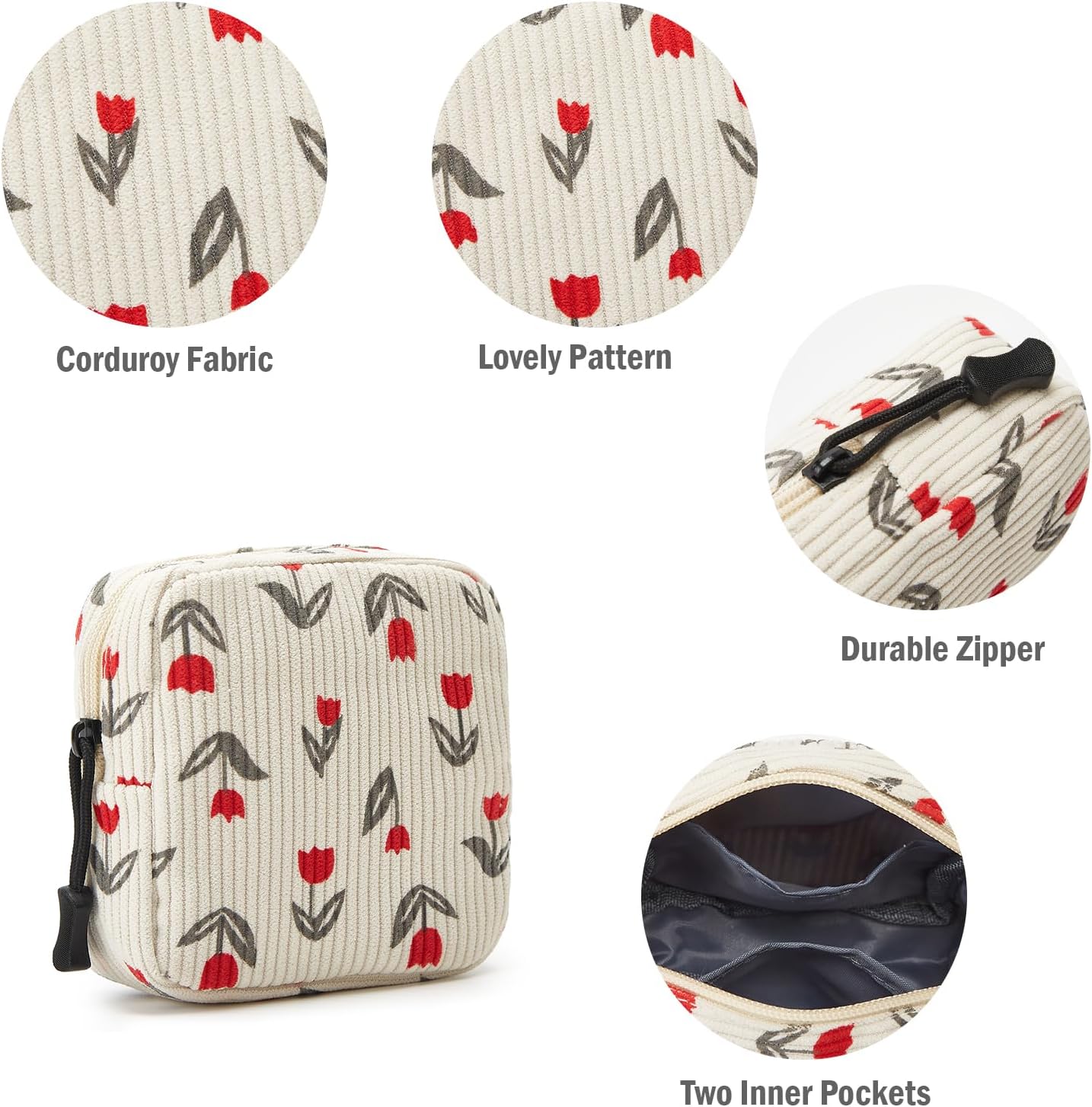 Small Makeup Bag for Purse,Mini Cosmetics Bag cute Zipper corduroy Cosmetic Pouch Storage Pouch Travel Toiletry Organizer for Women Girls(Tulip Red) image 5