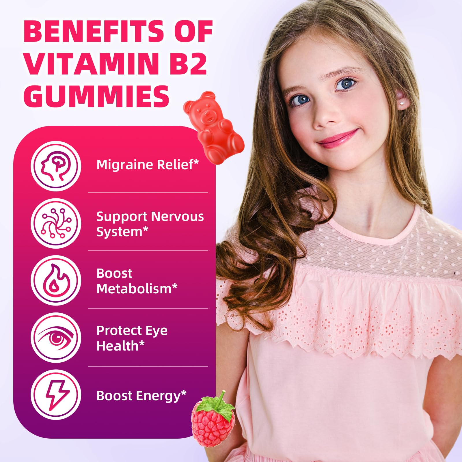 Vitamin B2 Gummies for Kids & Adults, VIT B2 Riboflavin 400mg Supplement with Magnesium for Migraine Relief & Nervous System Support, Suagr-Free/Vegan, Raspberry Flavor 60 Count — Amazon image 3