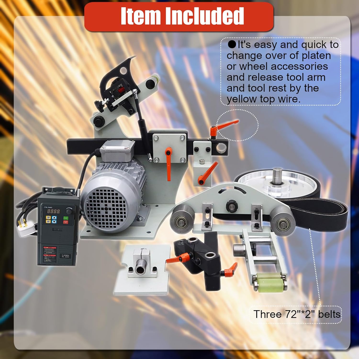 2X72"Belt Sander with 3 Grinding Wheel Bench Metal Belt Sander Multi-Angel Knife Shapener Polishing Machine Variable Speed Belt Grinder Heavy Duty 1500W 220V Without Base
