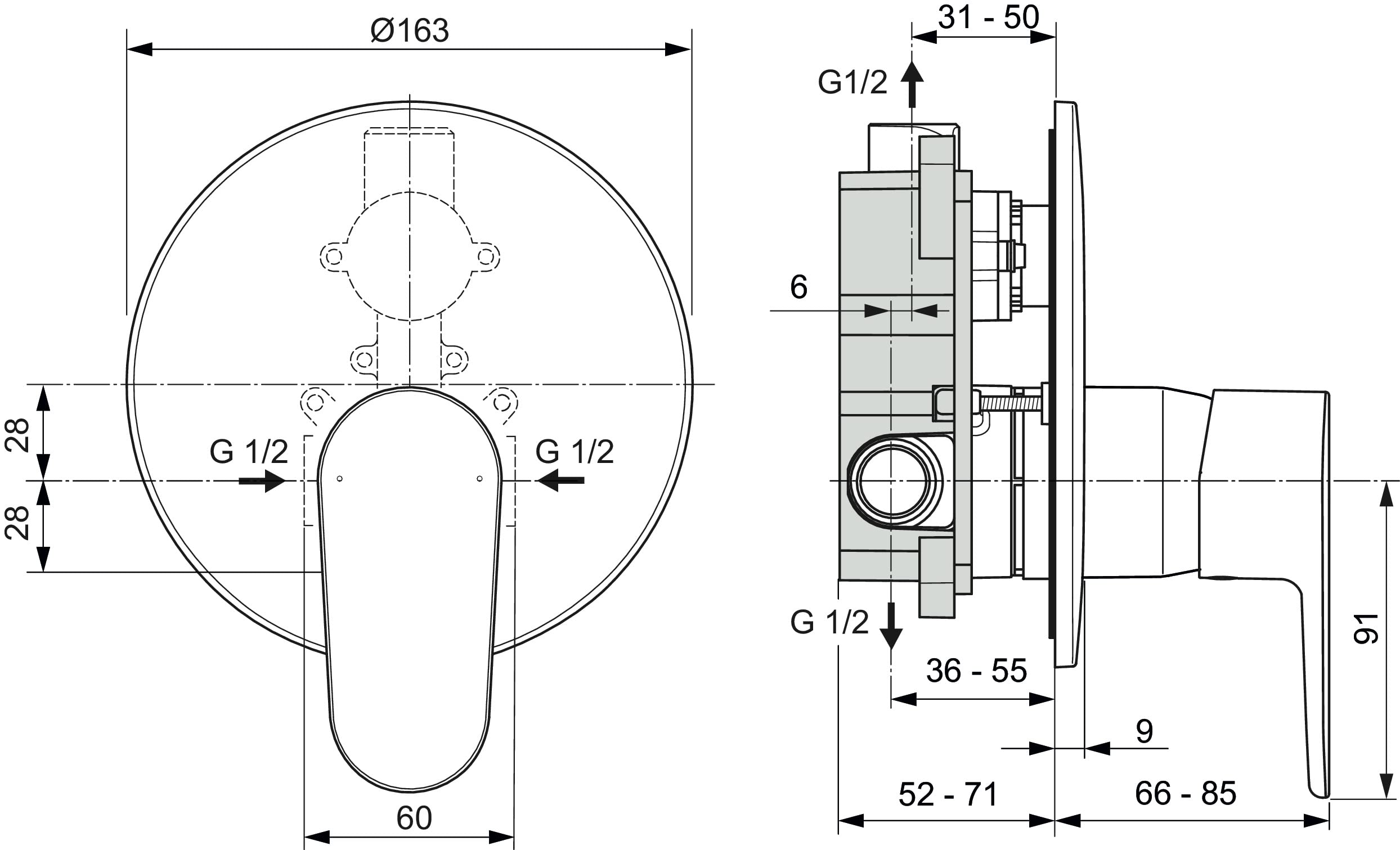 Ideal Standard - Cerafine O, Miscelatore monocomando per doccia ad incasso, Una via, Parti esterne, Cromato