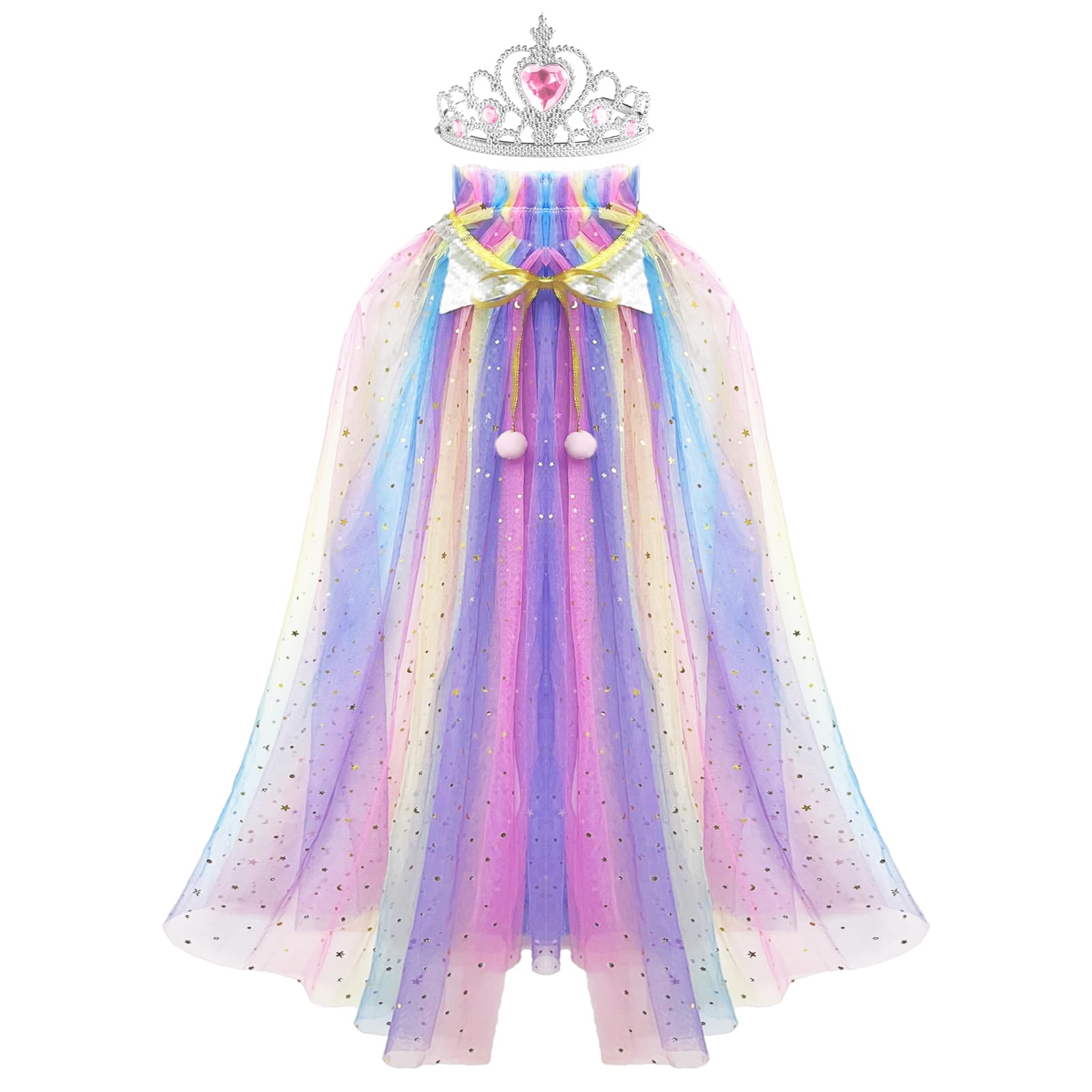 AHLPOPrincess Cape Girls Princess Cloak with Crown, Tulle Princess Dress Cape for Girls Birthday Party Halloween Dressing Up
