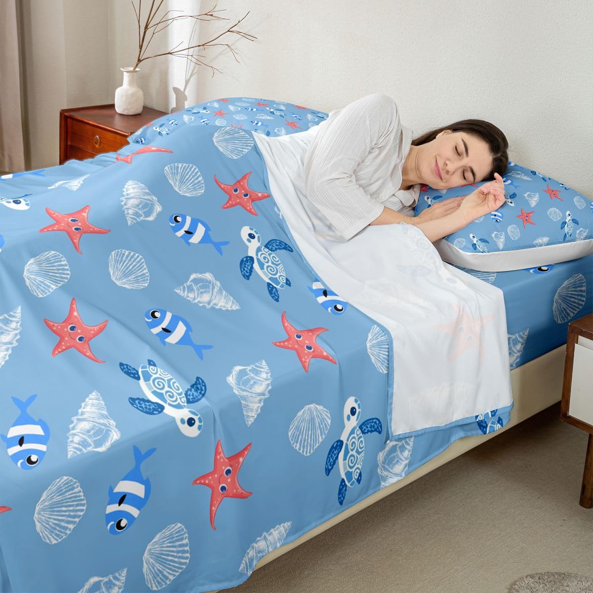 Homewish Zestaw prześcieradeł z motywem rozgwiazdy podwójne żółw morski muszla muszla błazenki ocean tematyczna pościel - kreskówka życie morskie zestaw pościeli 4-częściowy