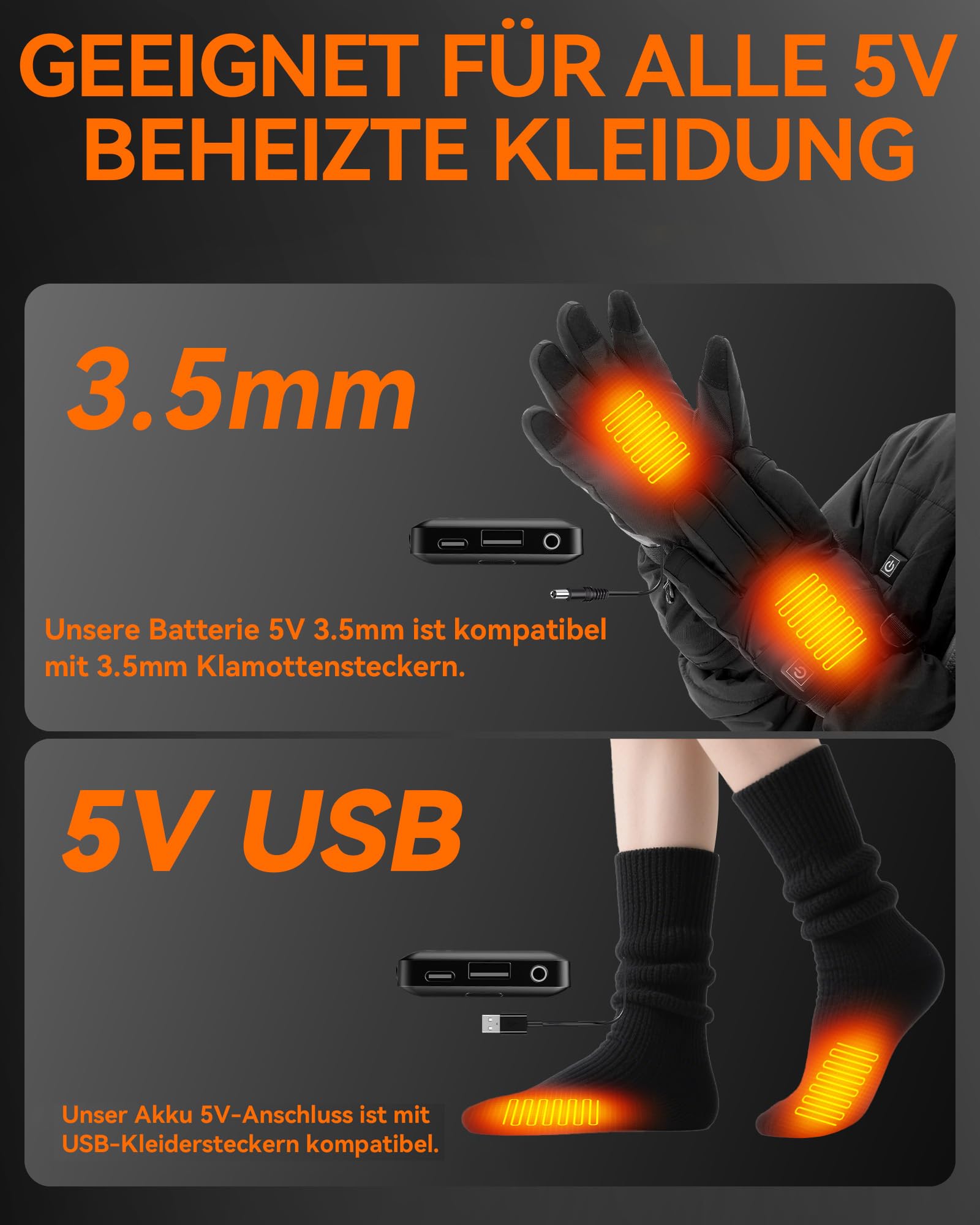 Lot de 2 batteries 5000 mAh 5 V CC pour gants chauffants, chaussettes, chaussons, bonnet, écharpes – Batterie de rechange rechargeable par USB pour vêtements chauffants