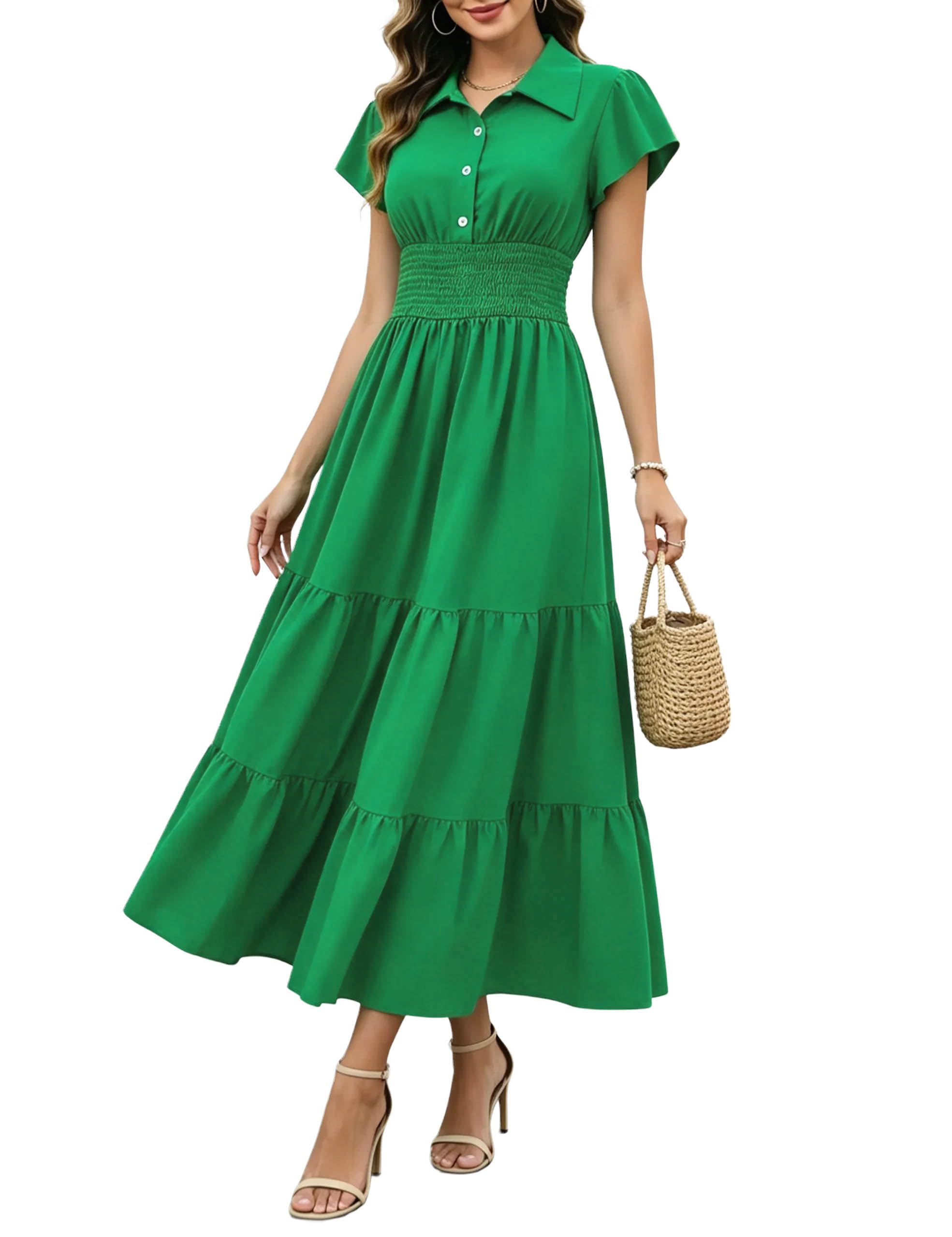 Women's Summer Sundress Cap Ruffle Sleeve Collar Maxi Dress