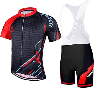 X-TIGER Maillot de Cyclisme Manches Courtes Homme avec Cuissard à Bretelle 5D Gel Rembourré,VTT Courtes Respirant Vêtements de Cyclisme Sports Shorts Pantalons avec Tee Shirt