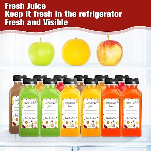 Leaflai Juice Bottles 12 Pack - 12oz Shot Bottles with Lids, Plastic Reusable Empty Bottle for Juice Milk Smoothie Drinking Fruit Stickers - 6