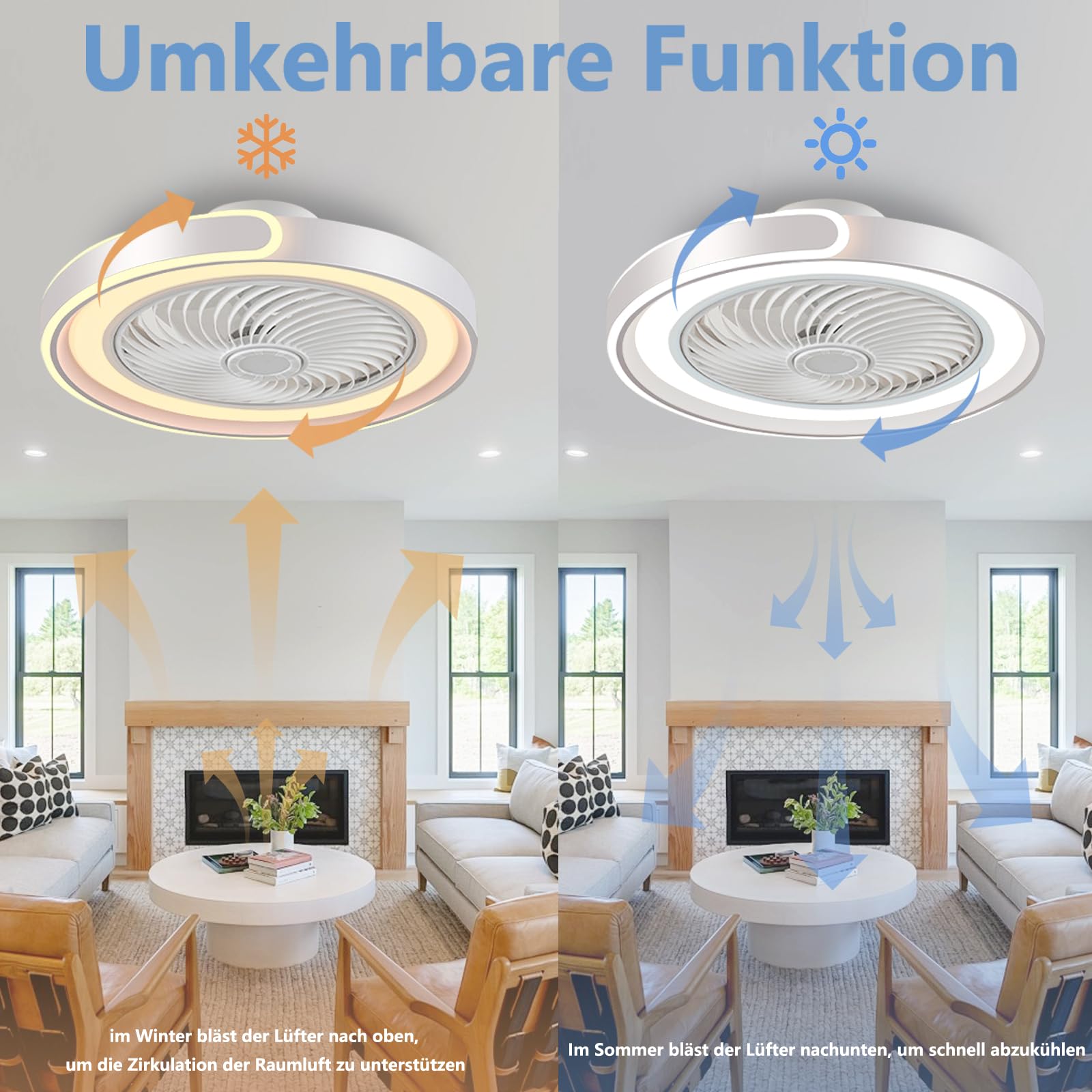 LED Deckenventilator mit Beleuchtung, Leiser DC-Motor, 70W Dimmbar, Fernbedienung & App, 6-Gang, Timer, Sommer/Winterbetrieb, 50cm Weiß