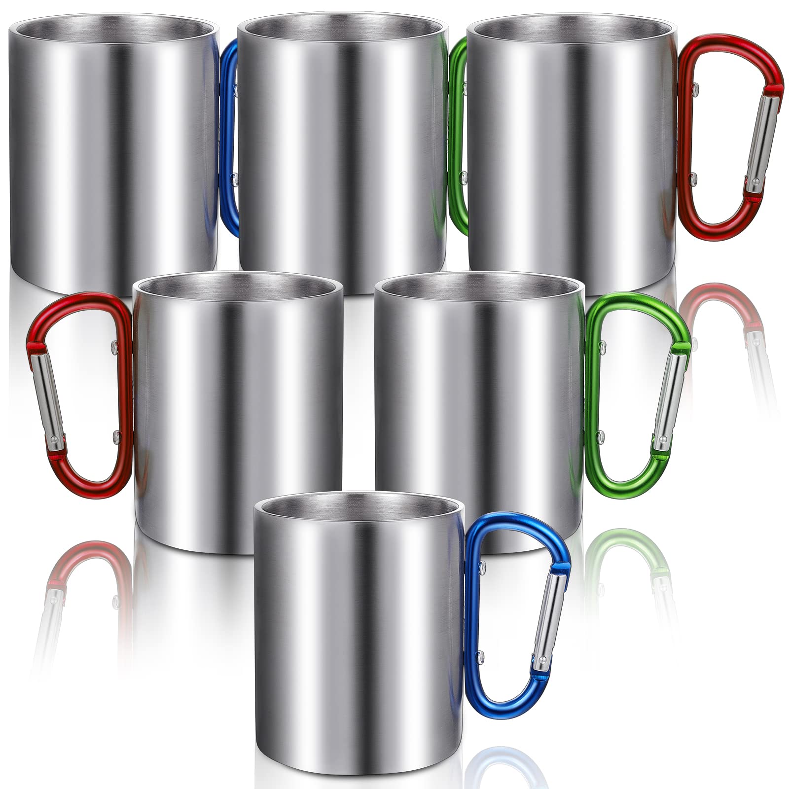 6 Stück isolierte Edelstahl Camping Kaffeebecher Tragbare Wandern und Rucksackreisen Camping Becher mit Griff für Outdoor Sport Reisen Wandern Küche 3 Stile