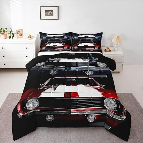 Juego de edredón clásico de auto de carreras, juego de ropa de cama retro con vehículos antiguos para niños y niños, juego de edredón de automóvil