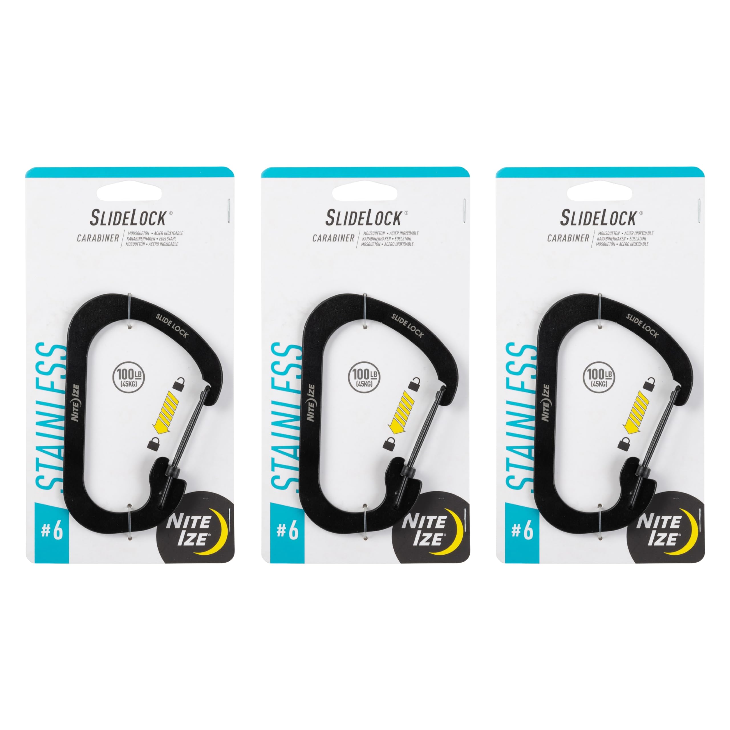 Nite Ize SlideLock Carabiner Stainless Steel - Key Holder Carabiner for Daily Use - Secure Keychain Organizer with Lock - Lockable Carabiner Fits Multiple Keys - Size 6, Black (3 Pack)