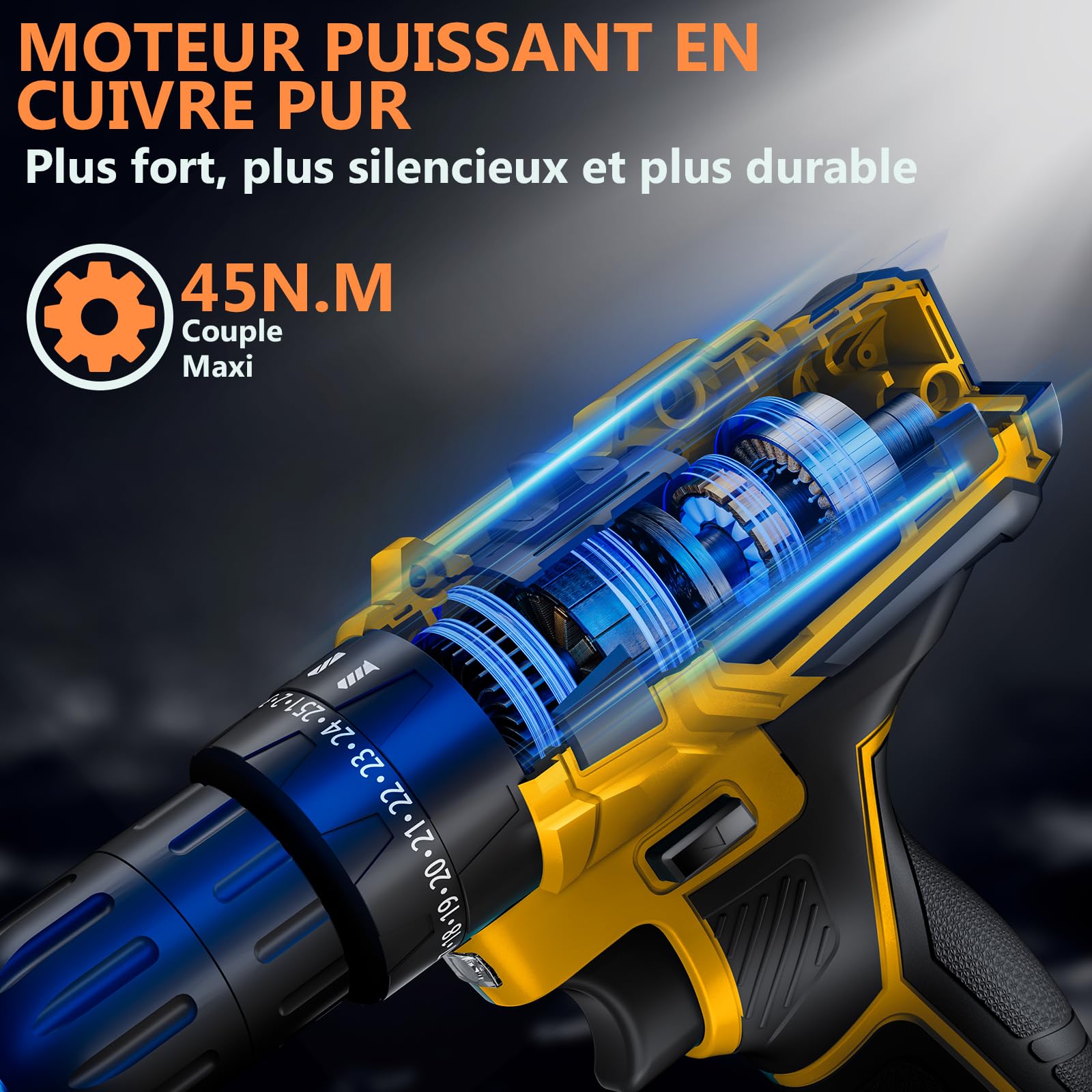 Perceuse Visseuse Sans Fil 21V Avec Batterie 4000mAh, 45Nm de couple max 25+3 positions de couple(2 vitesses & LED), 2 batteries 2,0Ah et chargeurpour la maison et le jardin projet DIY (Jaune)