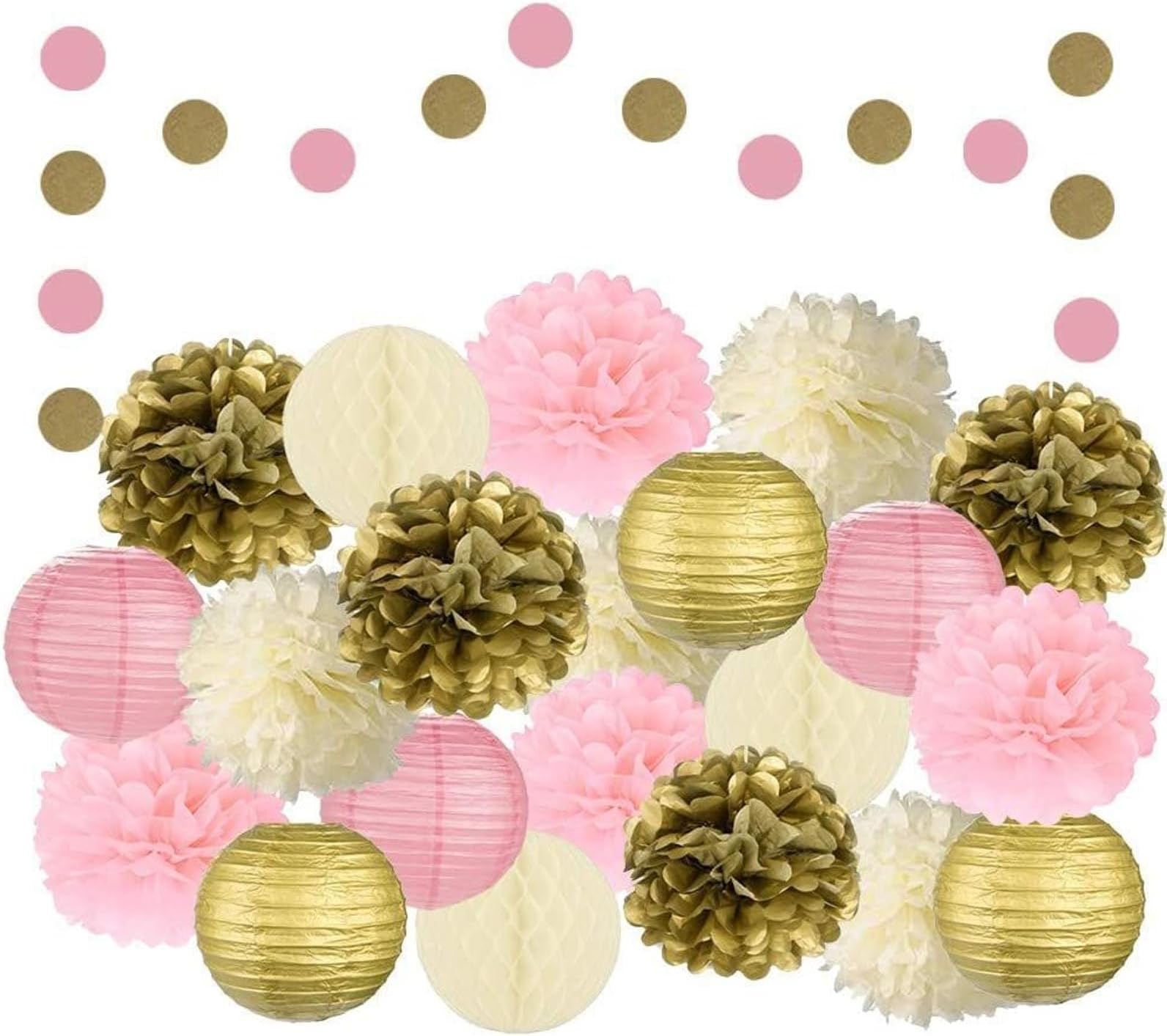 EPIQUEONE Tissue Paper Pom Poms & Party Lanterns Set - Easy-Setup Birthday Decor - Reusable Wedding Decorations - Includes Tissue Paper Garland & Honeycomb Decor - 22-Piece Set, Pink/Ivory/Gold