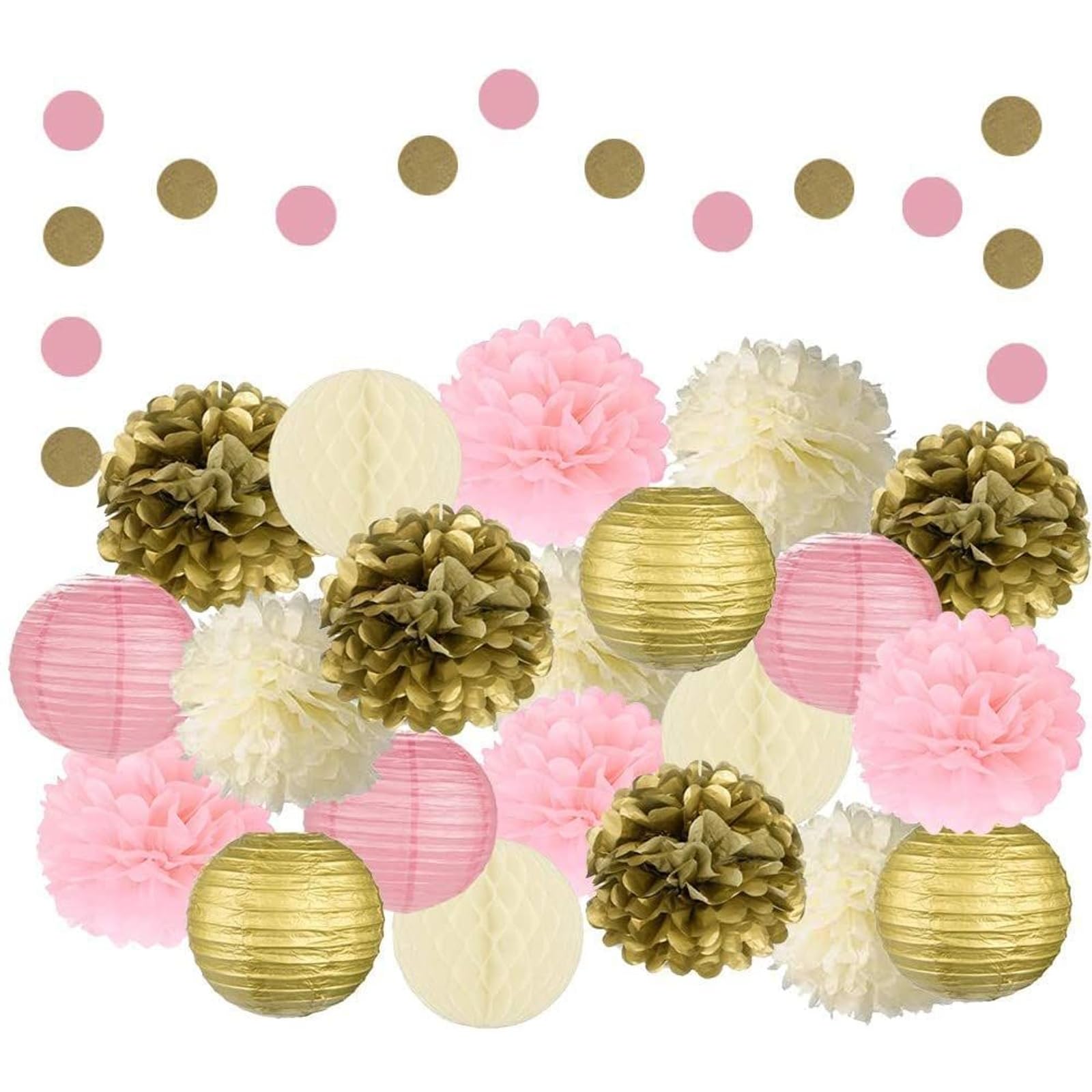EPIQUEONE Tissue Paper Pom Poms & Party Lanterns Set - Easy-Setup Birthday Decor - Reusable Wedding Decorations - Includes Tissue Paper Garland &