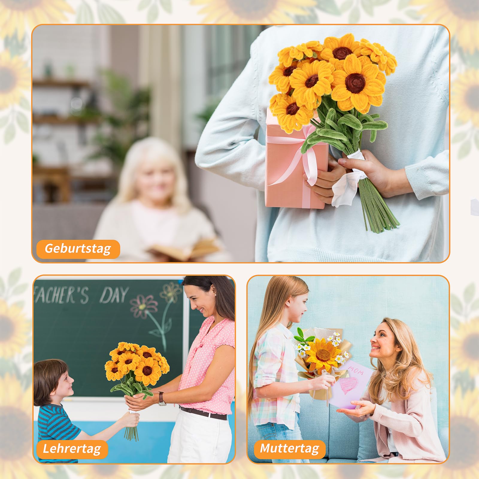 set di 300 fili di ciniglia per lavori manuali a forma di girasole - Con 20 steli, nastro e nastro adesivo - Per mazzi di fiori fai da te e progetti artigianali. Regali per le donne per la