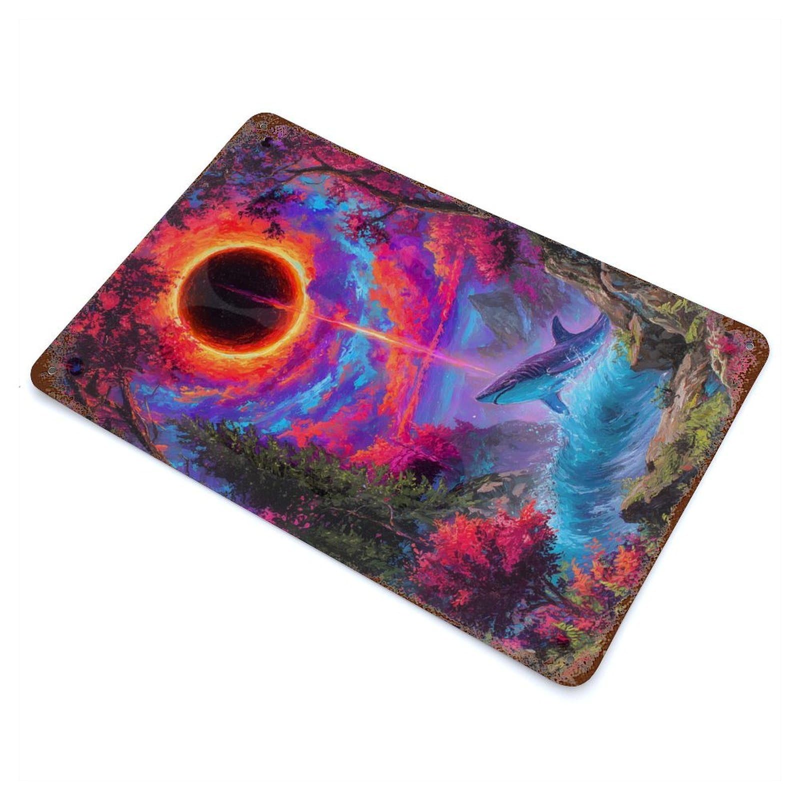 Surreal Shark Landscape with Eclipse Decorative Tin Sign 11.8"x7.9", Retro Wall Decor for Basement, Hobby Room And Garage Decor