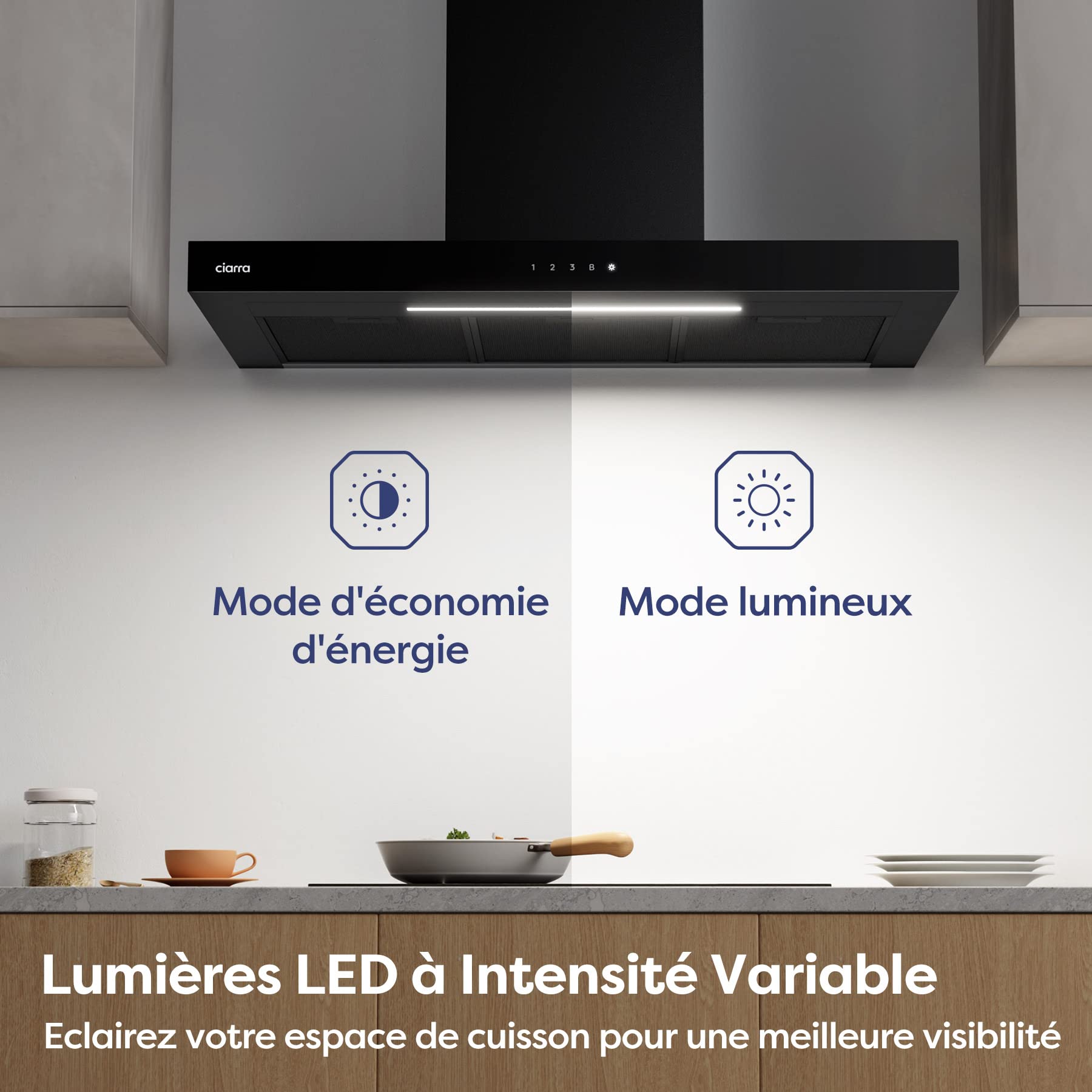 Ciarra Hotte de Cuisine 90cm Classe A+++ 650m³/h, WIFI & Commande Tactile, 4 Vitesses & Boost, Filtre à Charbon Inclus, Recyclage ou Évacuation, Affichage LED – Noir – CBCB9102