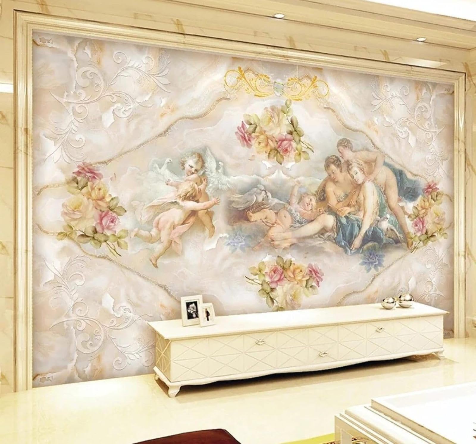 XLMING Vintage Exquisite People Flowers Marble Effect 3D Wallpaper Luxury Home Dining Decor Paste Sofa Living Room The Wall for Bedroom Mural-350cm×256cm