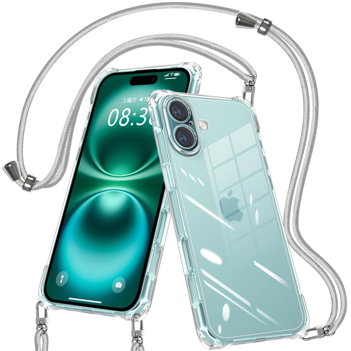 iPhone 16 用 ケース クリア ショルダー ストラップ アイフォン 16 カバー 耐衝撃 マグネット 透明 可愛い 紐付き いphone16 マグセーフ スマホケース TPU 軽量 薄型 米軍 バンパー カメラ保護付き 人気 純正 肩掛け かわいい スマホカバー (シルバー)