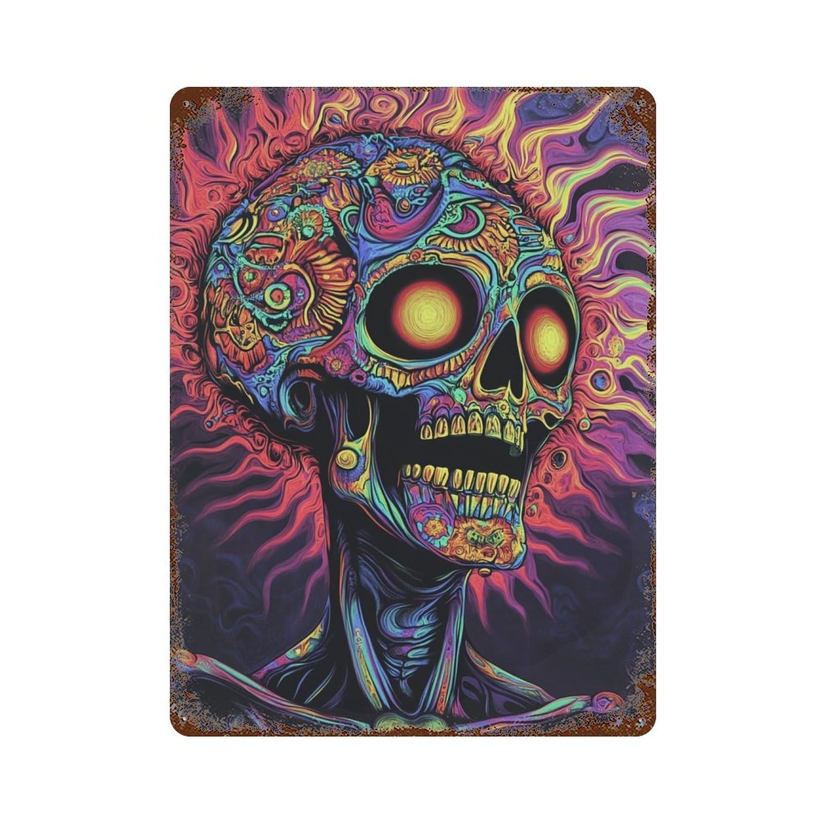 Retro Metal Sign with Psychedelic Skull Art Print-4 Design 15.7"x11.8", for Bistro, Counter And Cafe Decor, Shabby Chic Decor